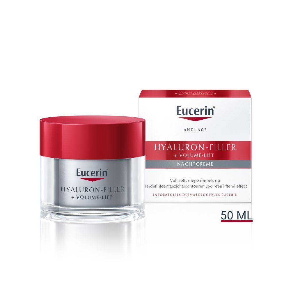 Crèmepot met rode deksel en doos. Opschrift: Eucerin HYALURON-FILLER + VOLUME-LIFT Nachtcrème. 50 ml.