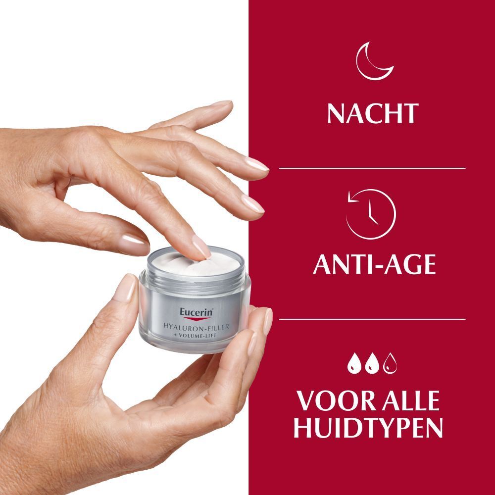 Handen nemen crème uit een pot. Symbolen: Nacht, Anti-age, voor alle huidtypen.