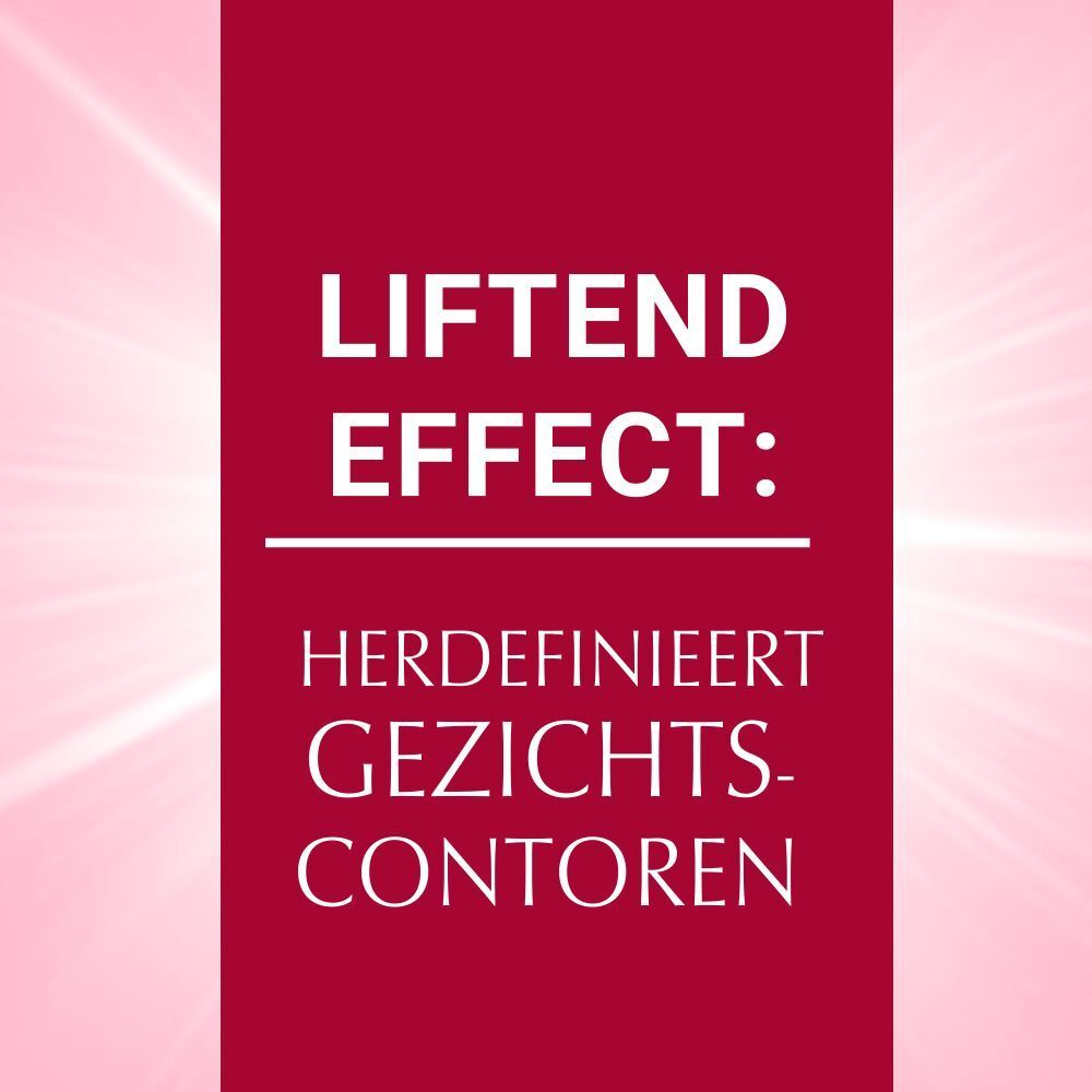 Tekst op rode achtergrond: Liftend effect: Herdefinieert gezichtscontouren.