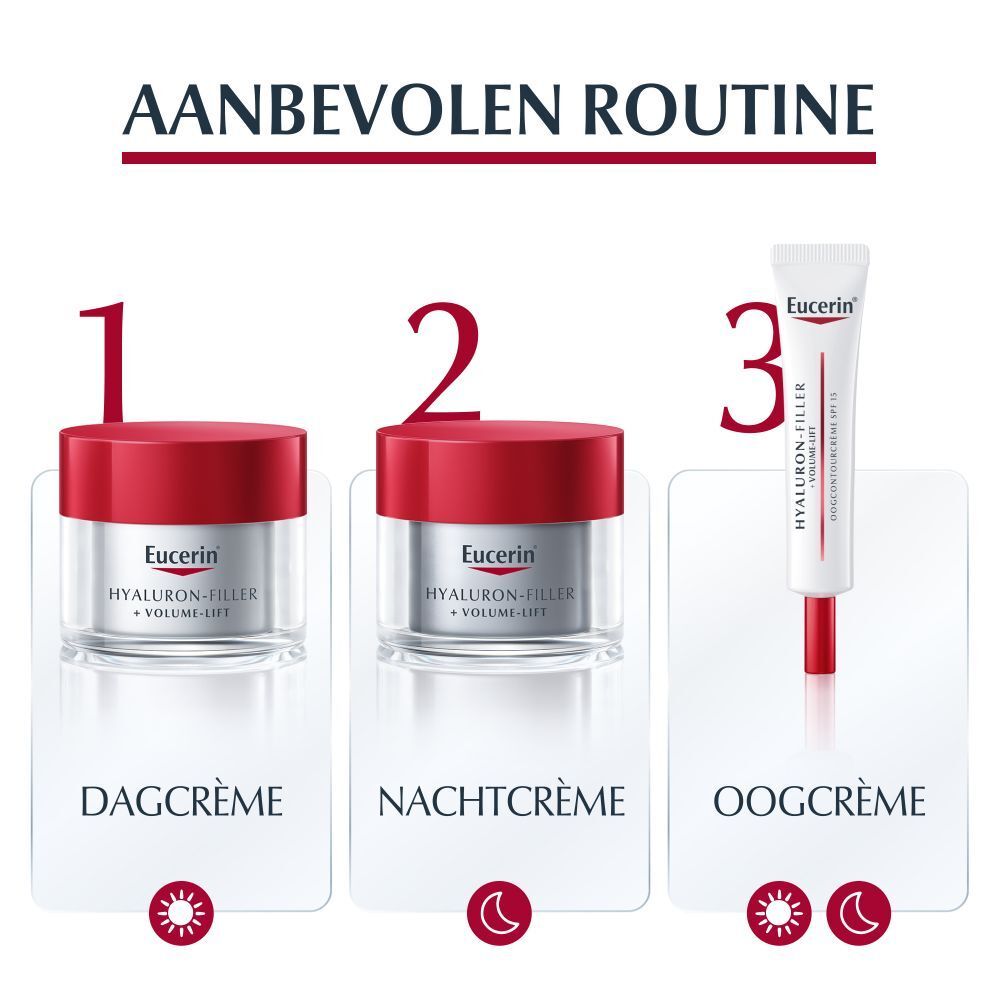 Aanbevolen routine: Dag, Nacht, Oogverzorging. Producten: Dagcrème, Nachtcrème, Oogcrème.