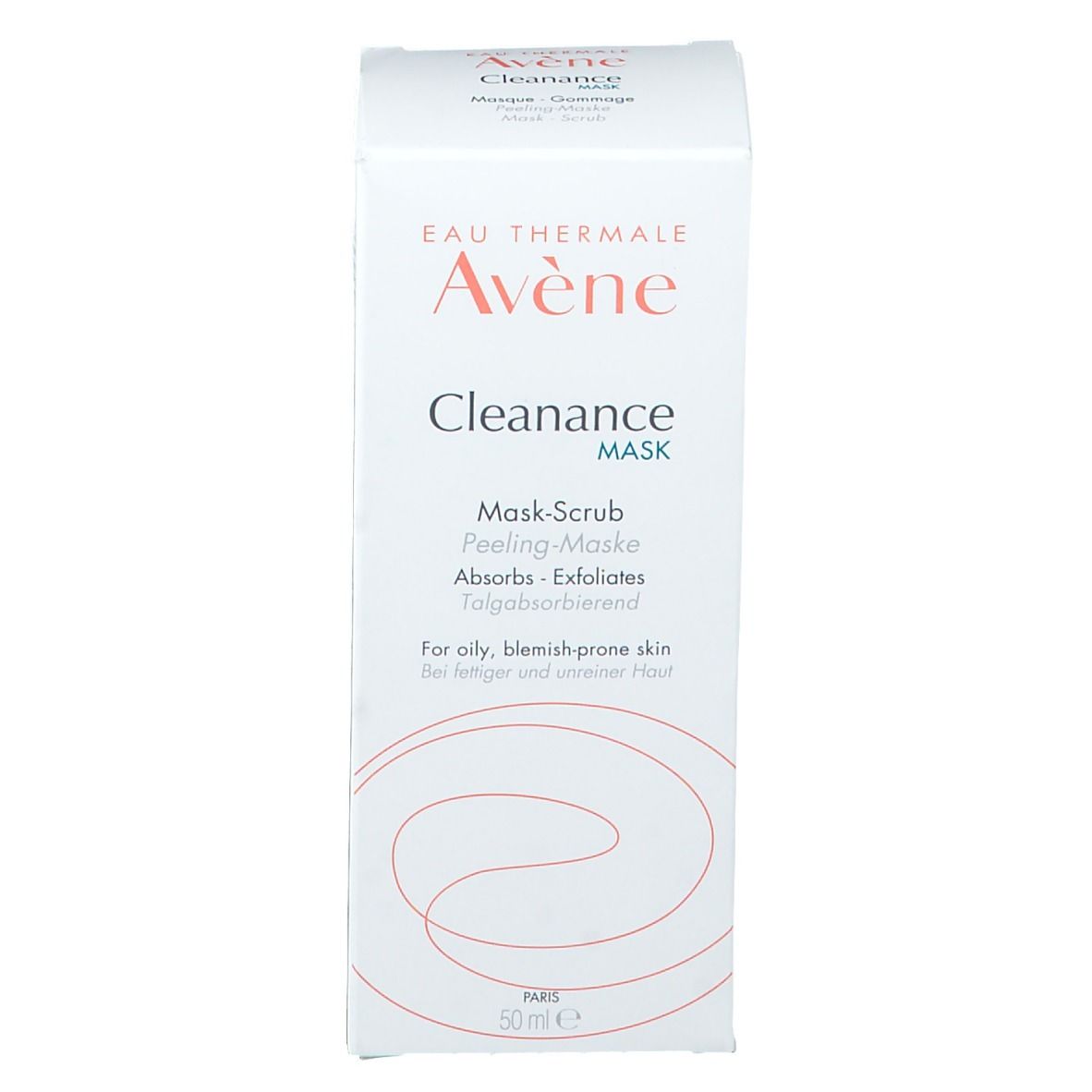 Productverpakking. Wit met "Avène Cleanance Mask". Meertalige tekst.