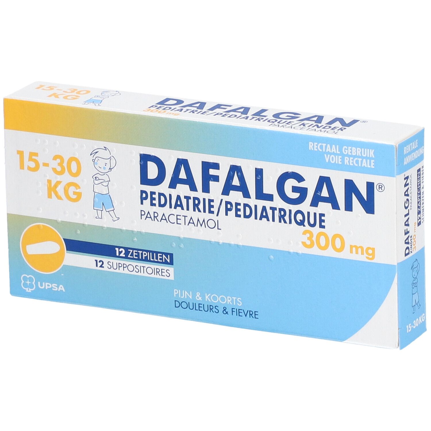 Boîte de Dafalgan® Pédiatrique. 12 suppositoires. 300 mg paracétamol. Pour enfants 15-30 kg. Emballage bleu et blanc.