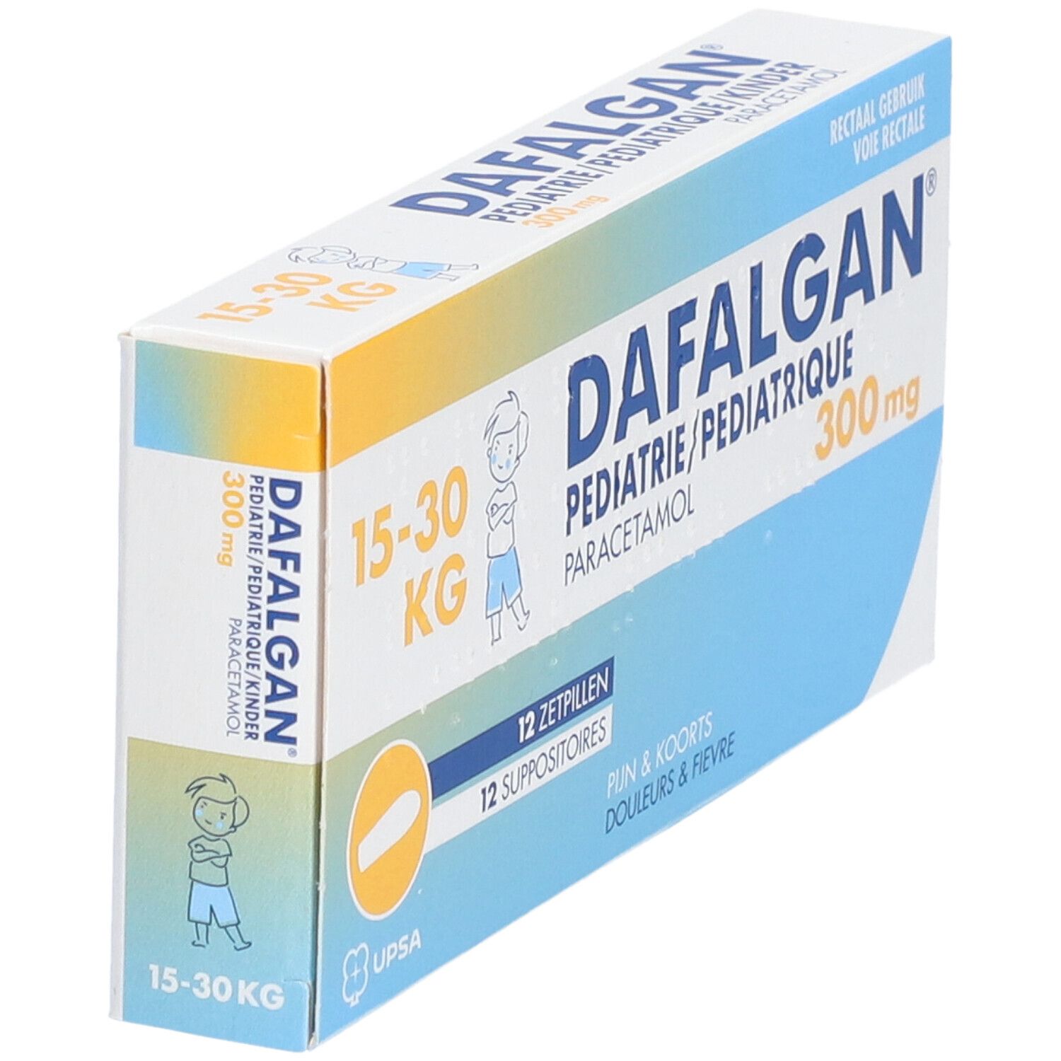Boîte de Dafalgan® Pédiatrique. 12 suppositoires. 300 mg paracétamol. Pour enfants 15-30 kg. Emballage bleu et blanc.