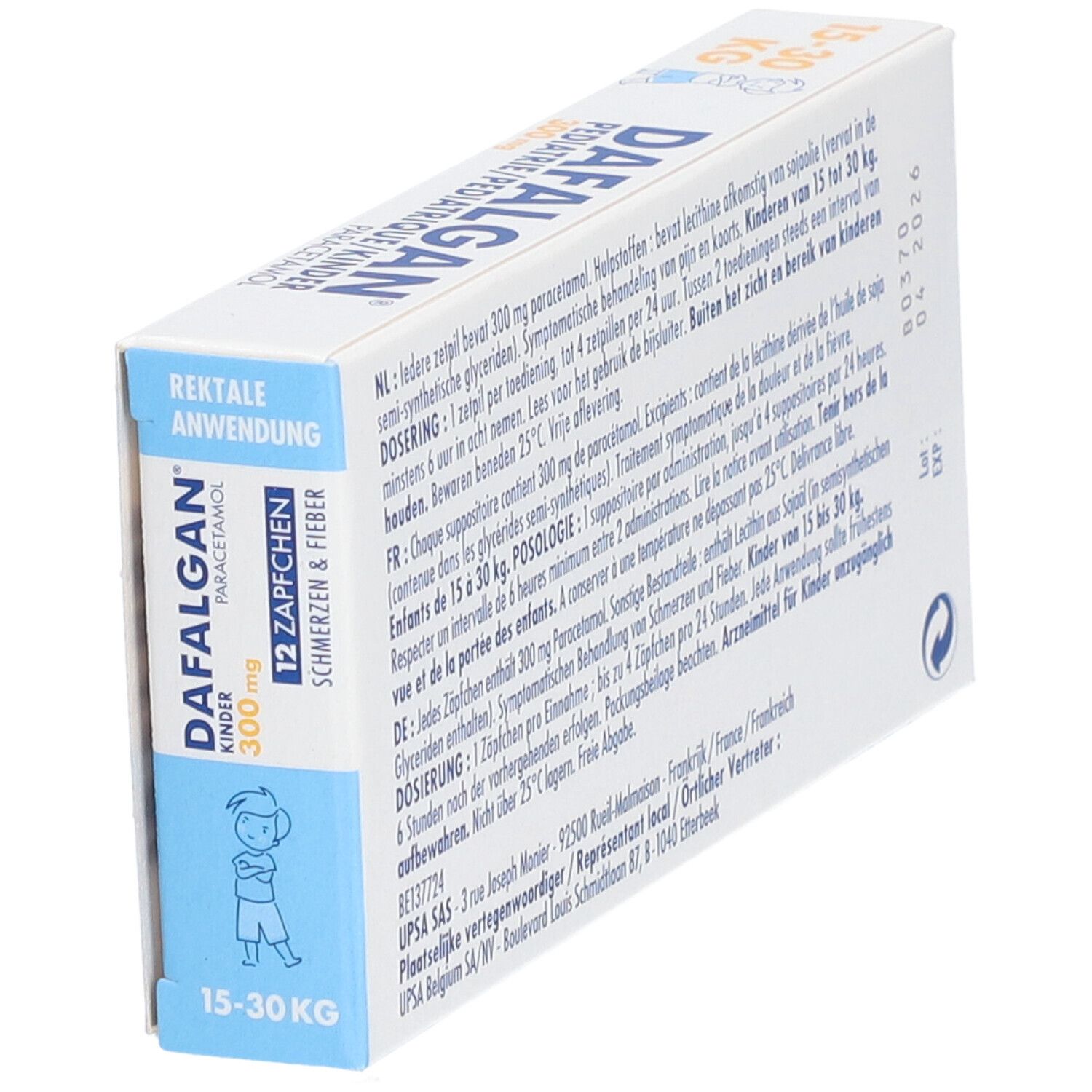 Boîte de Dafalgan® Pédiatrique. 12 suppositoires. 300 mg paracétamol. Pour enfants 15-30 kg. Emballage bleu et blanc.