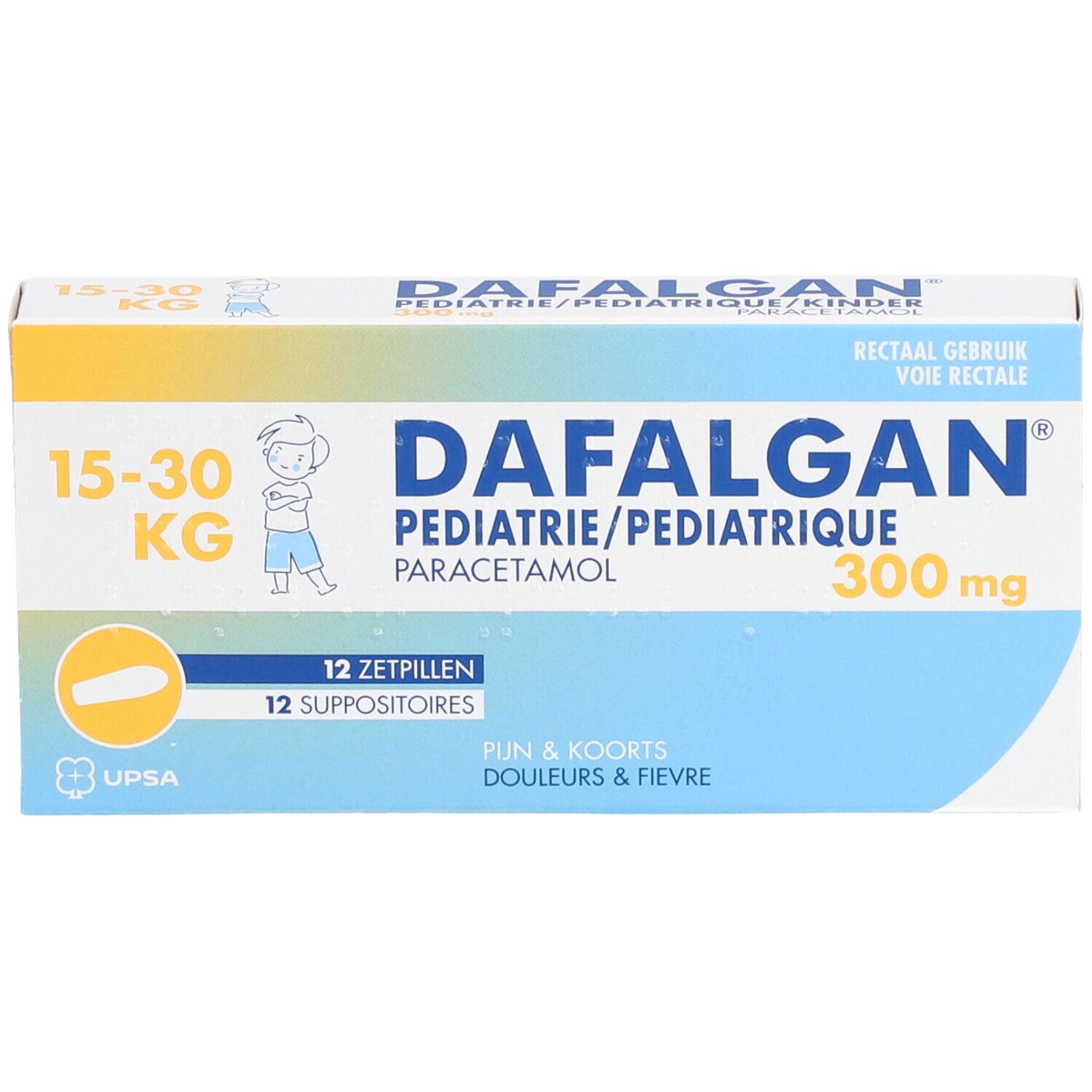 Boîte de Dafalgan® Pédiatrique. 12 suppositoires. 300 mg paracétamol. Pour enfants 15-30 kg. Emballage bleu et blanc.