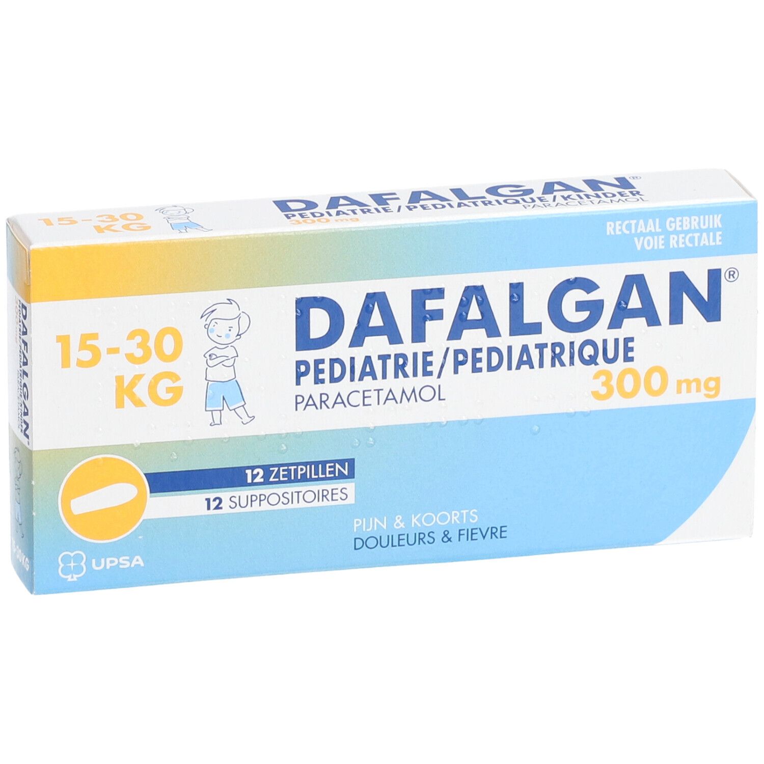 Boîte de Dafalgan® Pédiatrique. 12 suppositoires. 300 mg paracétamol. Pour enfants 15-30 kg. Emballage bleu et blanc.