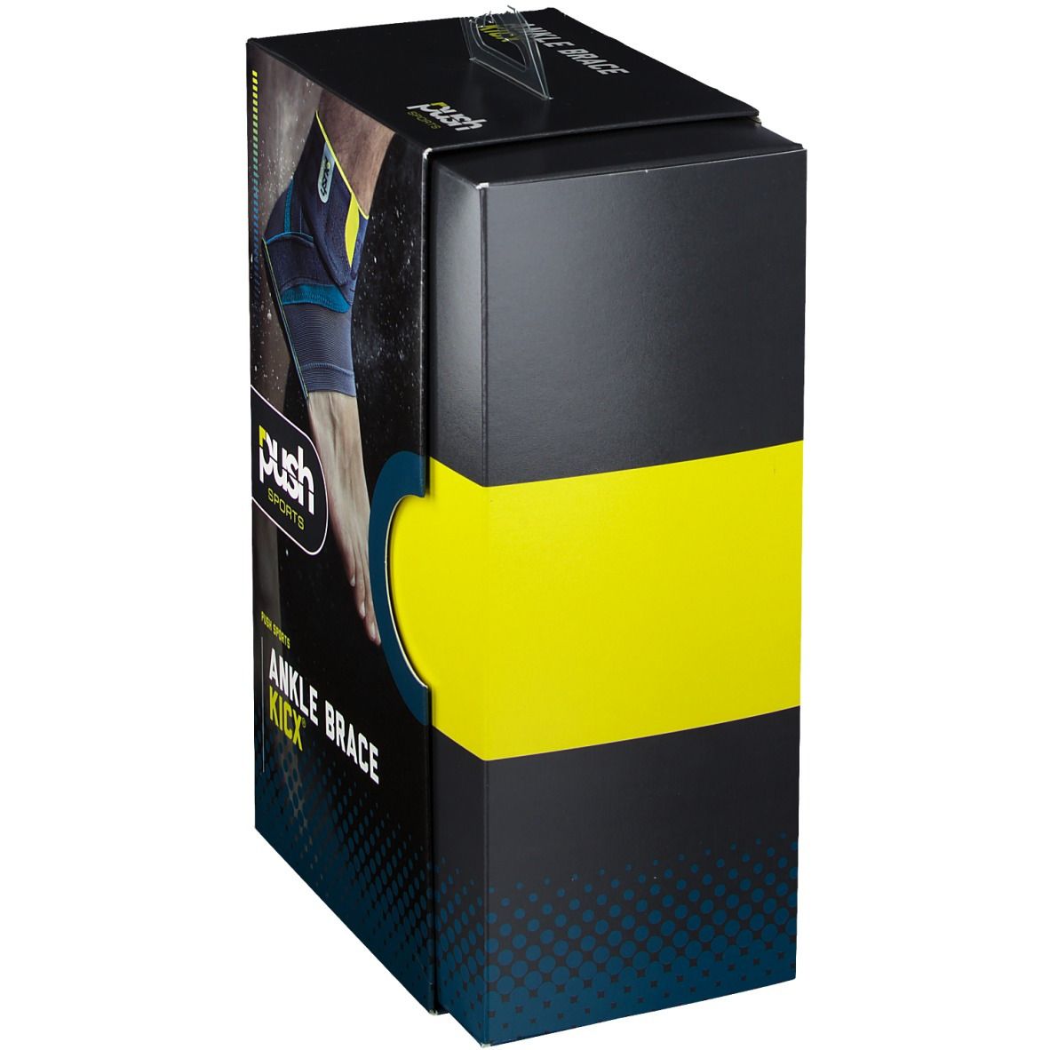 Emballage de l'attelle de cheville Push Sports. Bande jaune. Fond noir. Texte: ANKLE BRACE KICX.