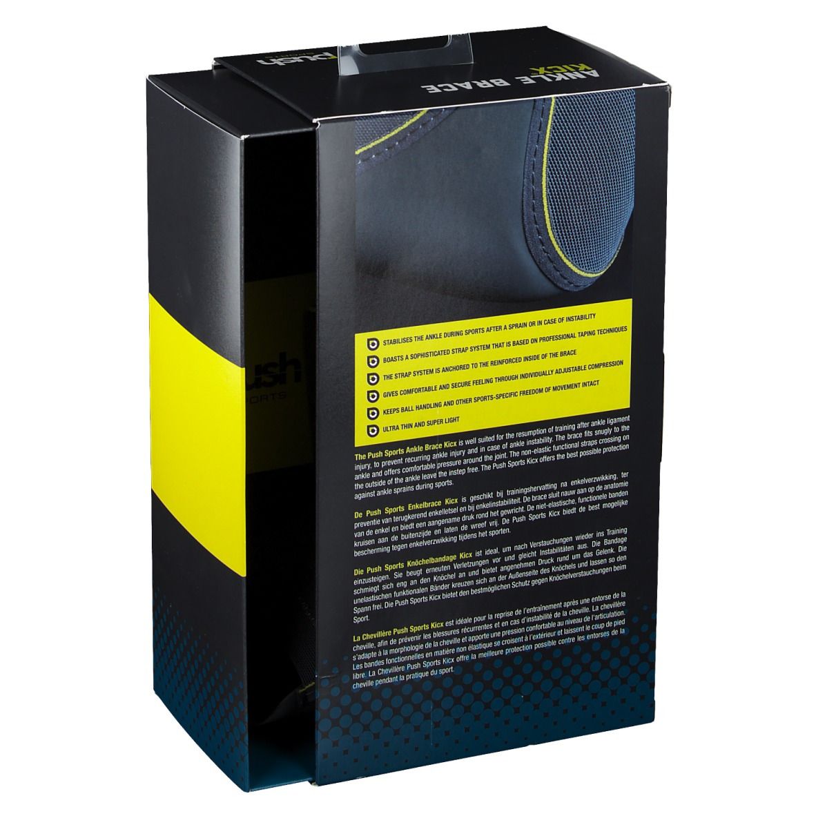 Dos de l'emballage de l'attelle de cheville. Texte multilingue. Bande jaune. Fond noir.