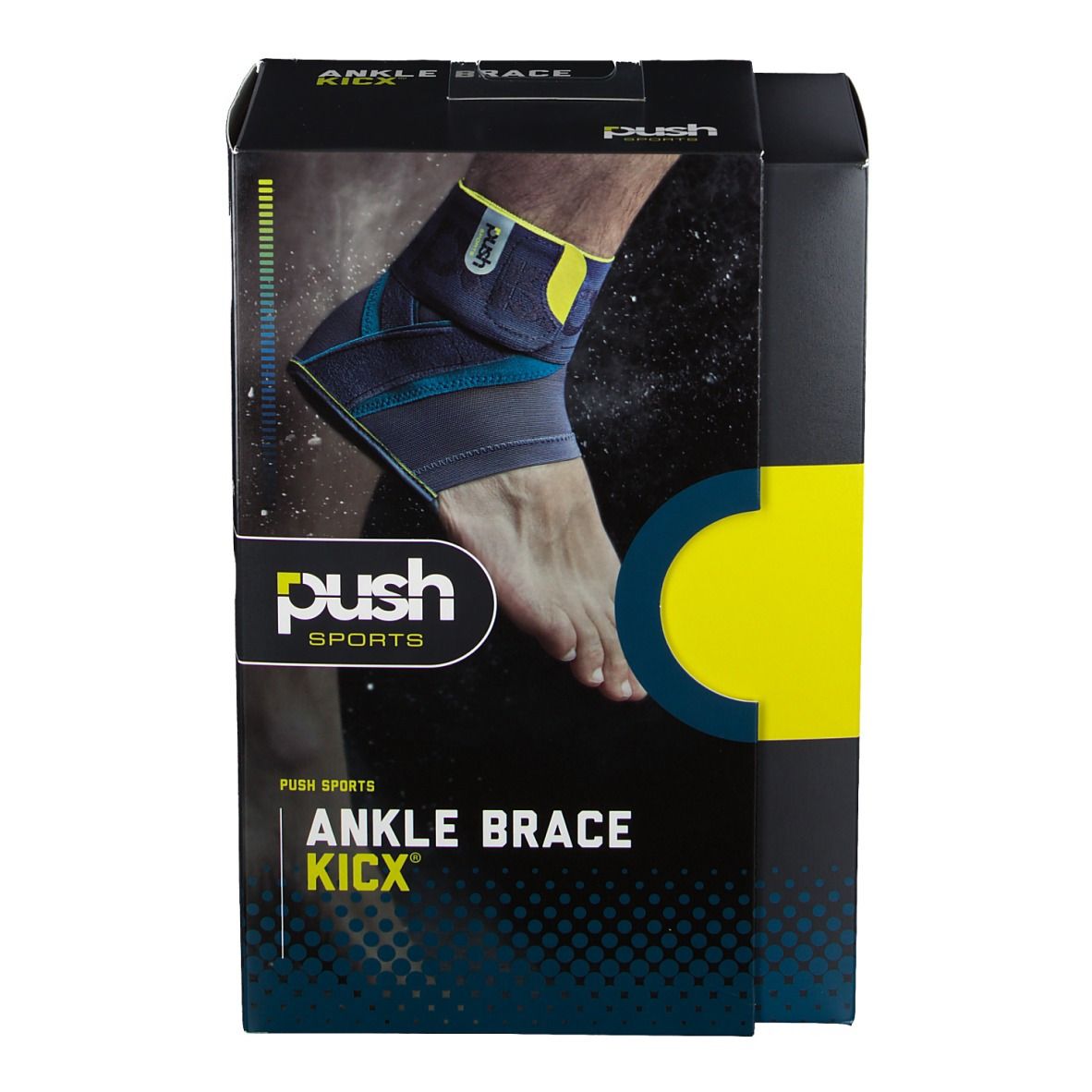 Emballage de l'attelle de cheville Push Sports KICX. Image d'un pied avec attelle. Texte: ANKLE BRACE KICX.