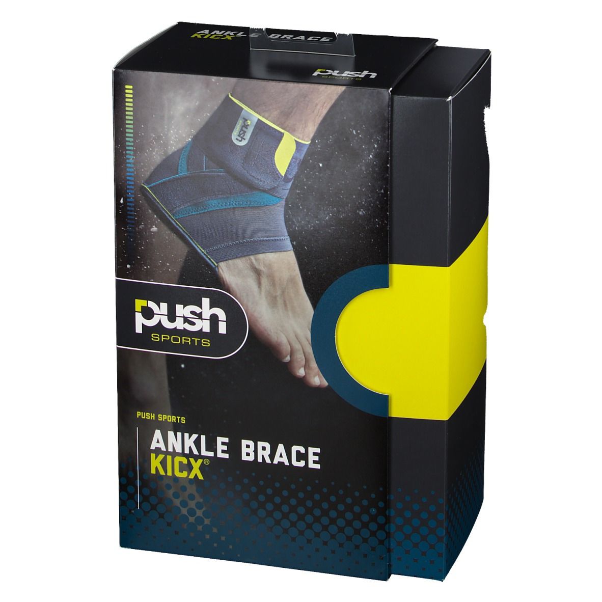 Emballage de l'attelle de cheville Push Sports KICX. Image d'un pied avec attelle. Texte: ANKLE BRACE KICX.