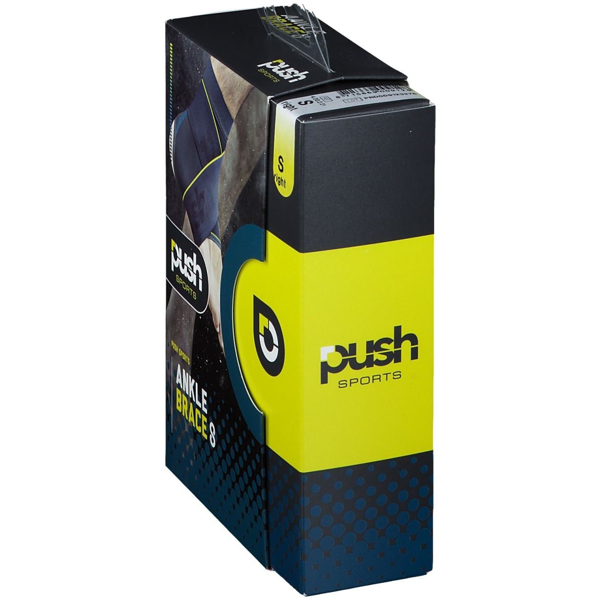 Vue latérale de l'emballage de l'attelle de cheville 8 taille S de Push Sports. Design jaune et noir, taille S.