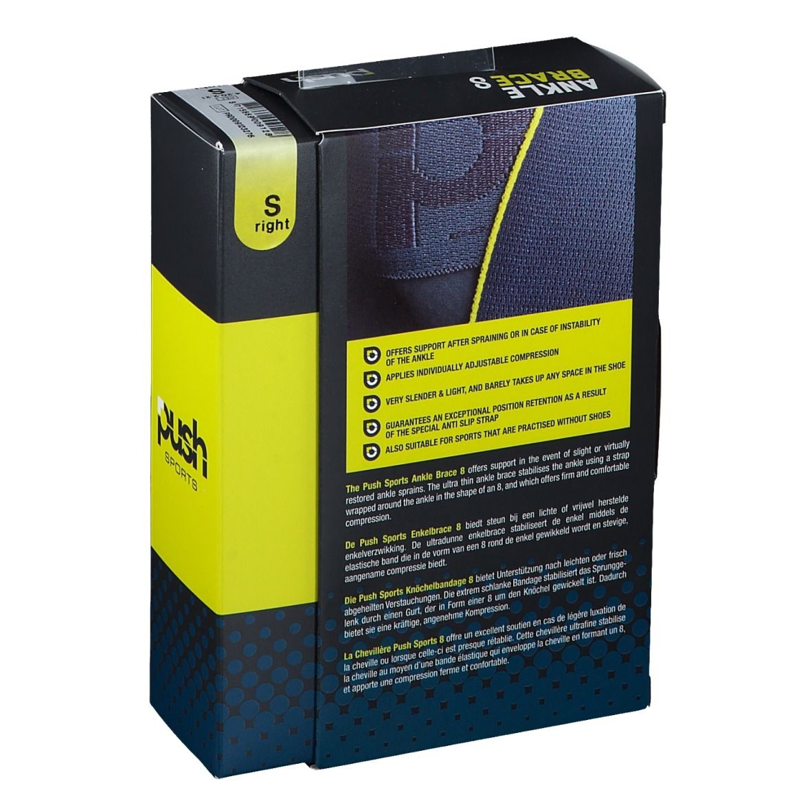 Dos de l'emballage de l'attelle de cheville 8 taille S de Push Sports. Informations textuelles, design jaune et noir.