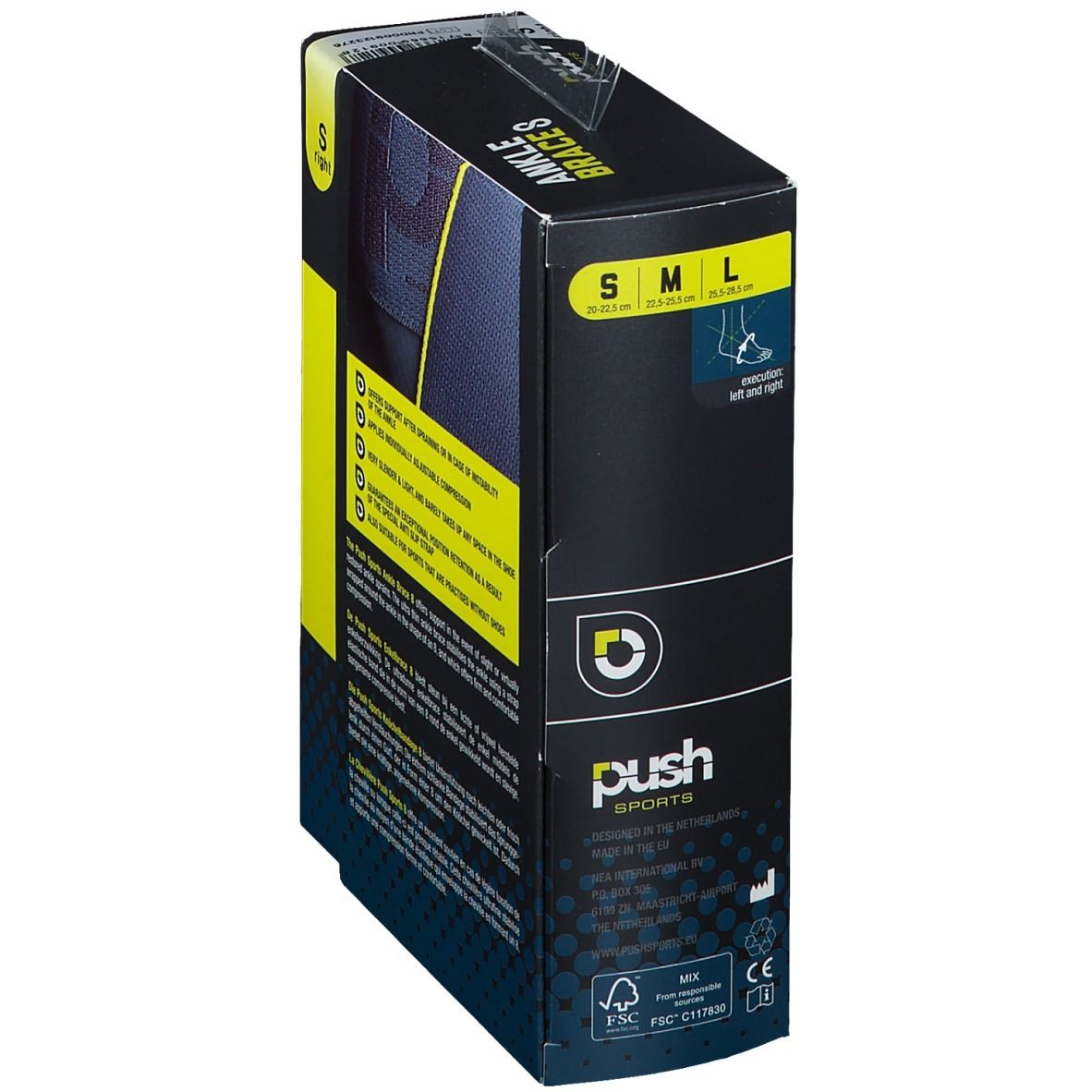 Emballage de l'attelle de cheville 8 taille S de Push Sports. Informations de taille, design jaune et noir, certification FSC.