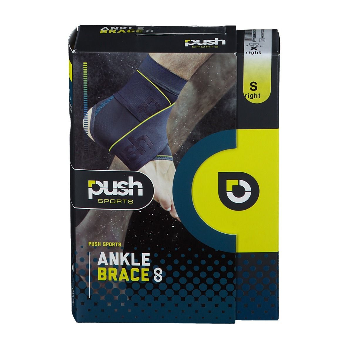 Emballage de l'attelle de cheville 8 taille S de Push Sports. Image du produit, design jaune et noir, taille S.