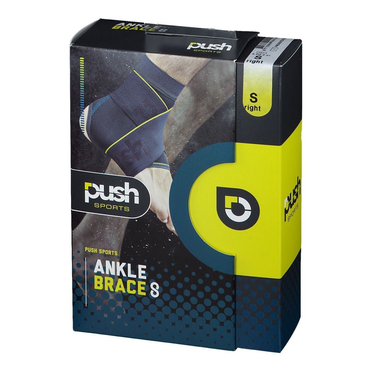 Emballage de l'attelle de cheville 8 taille S de Push Sports. Image du produit, design jaune et noir, taille S.
