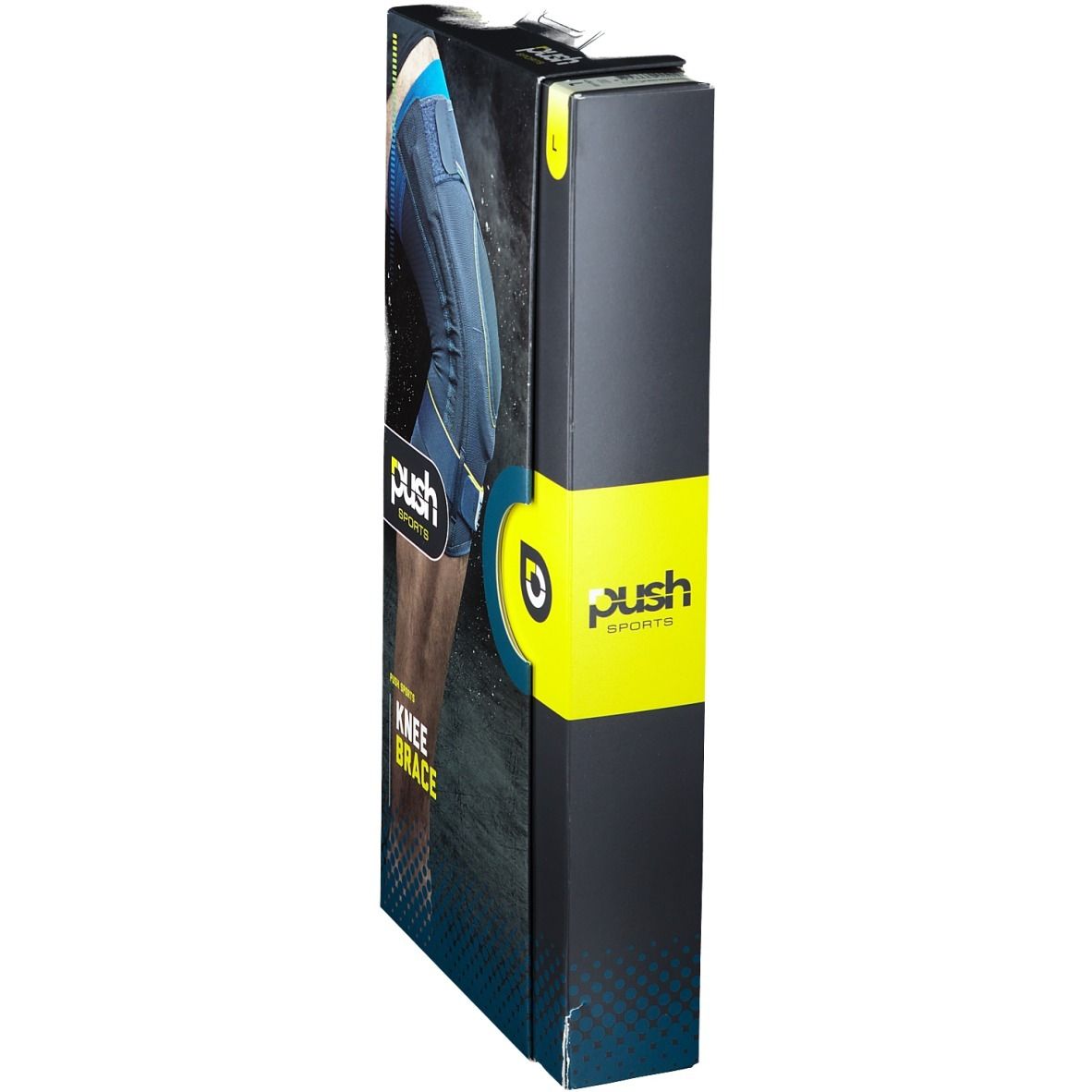 Verpackung der Knieorthese. Marke Push Sports. Größe L. Schwarze Verpackung mit gelben Akzenten.