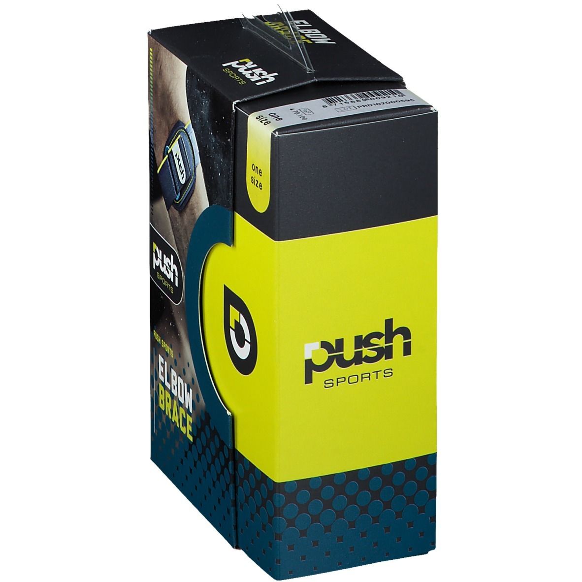 Verpakking van de Push Sports elleboogbrace. Zwarte en gele doos. 'One Size' sticker. Productafbeelding op de verpakking.