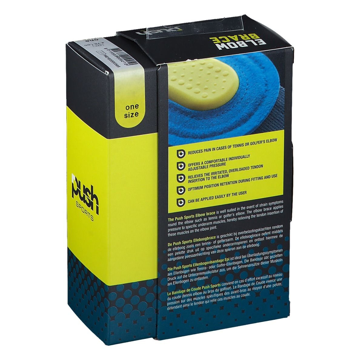 Push Sports elleboogbrace verpakking. Zwarte en gele doos. Productinformatie en logo. 'One Size' sticker.