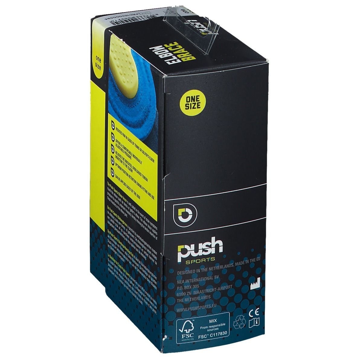 Push Sports elleboogbrace verpakking. Zwarte en gele doos. Productinformatie en logo. FSC-certificering.