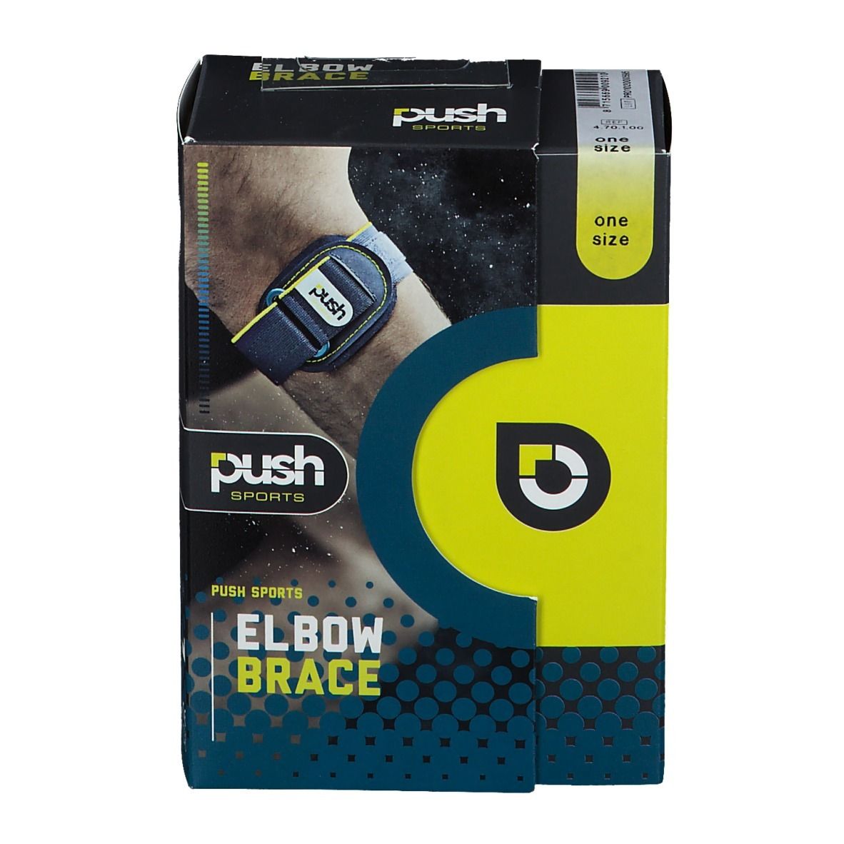 Push Sports elleboogbrace verpakking. Zwarte en gele doos. Productnaam en logo. 'One Size' sticker.