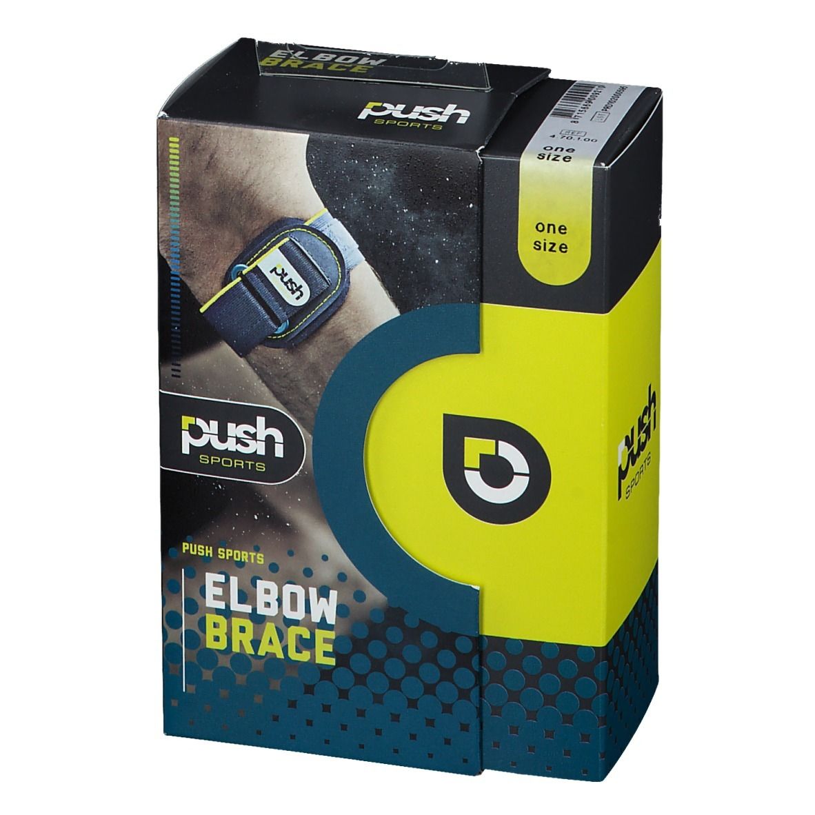 Push Sports elleboogbrace verpakking. Zwarte en gele doos. Productnaam en logo. 'One Size' sticker.