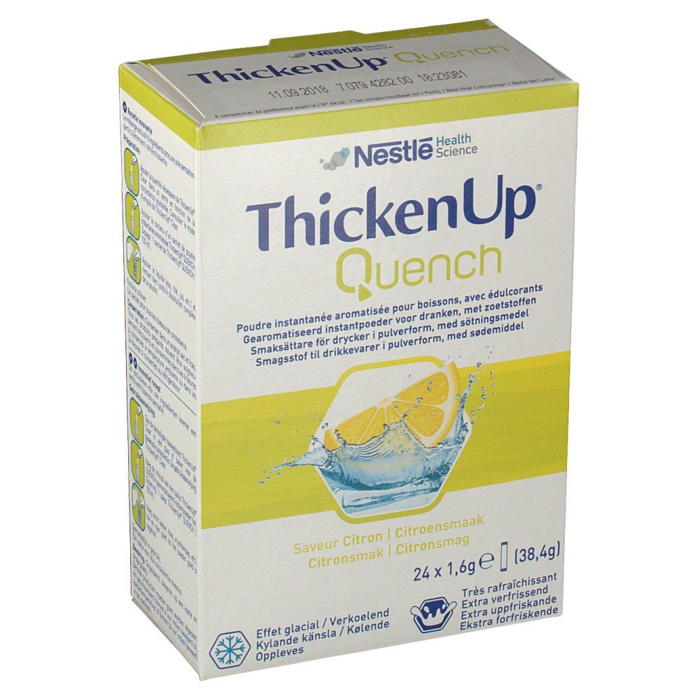 Boîte de ThickenUp Quench Limón. Illustration de citron. Inscription: 24 sachets de 1,6g. Logo Nestlé Health Science.