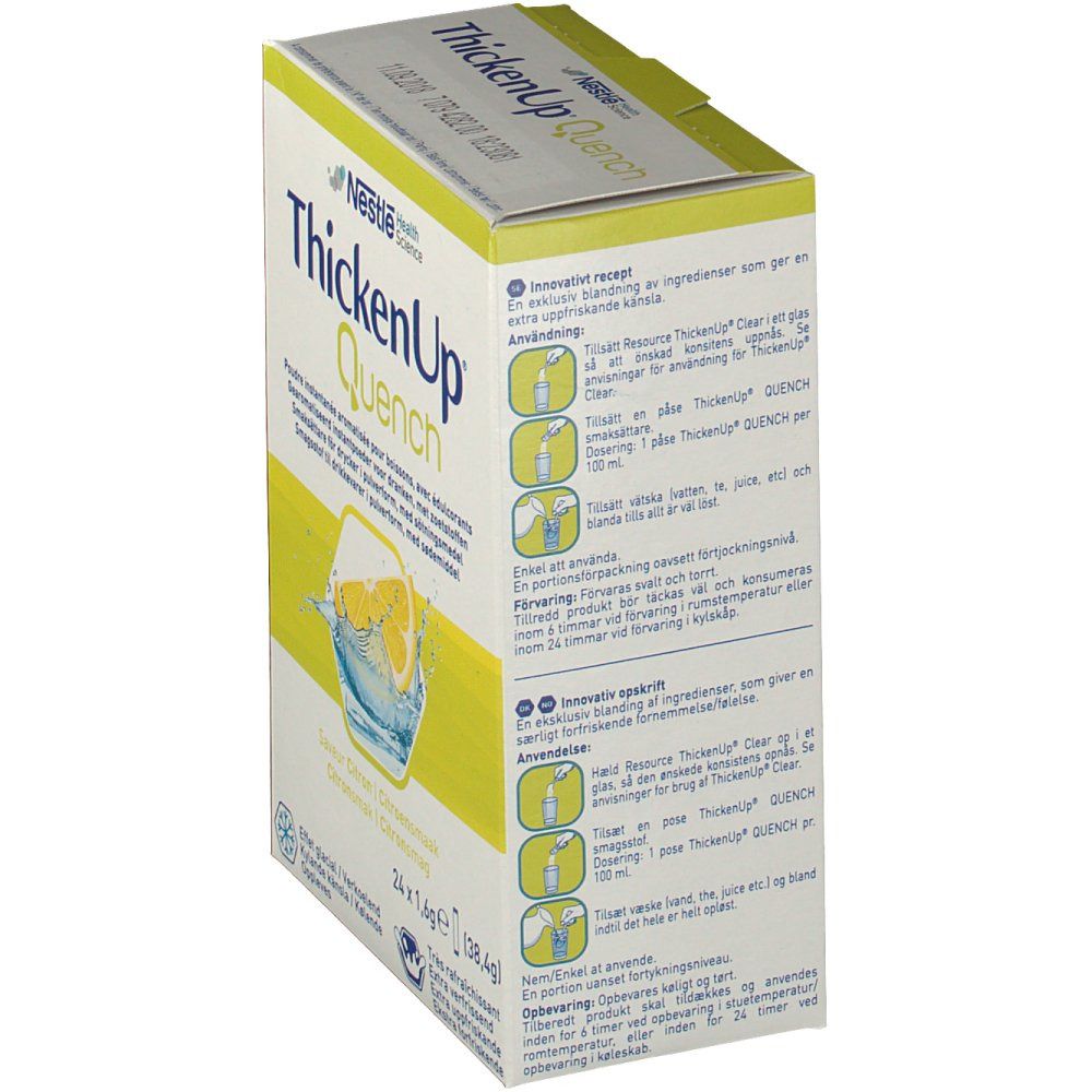 Boîte ThickenUp Quench. Vue latérale avec instructions d'utilisation. Illustrations et texte multilingue.