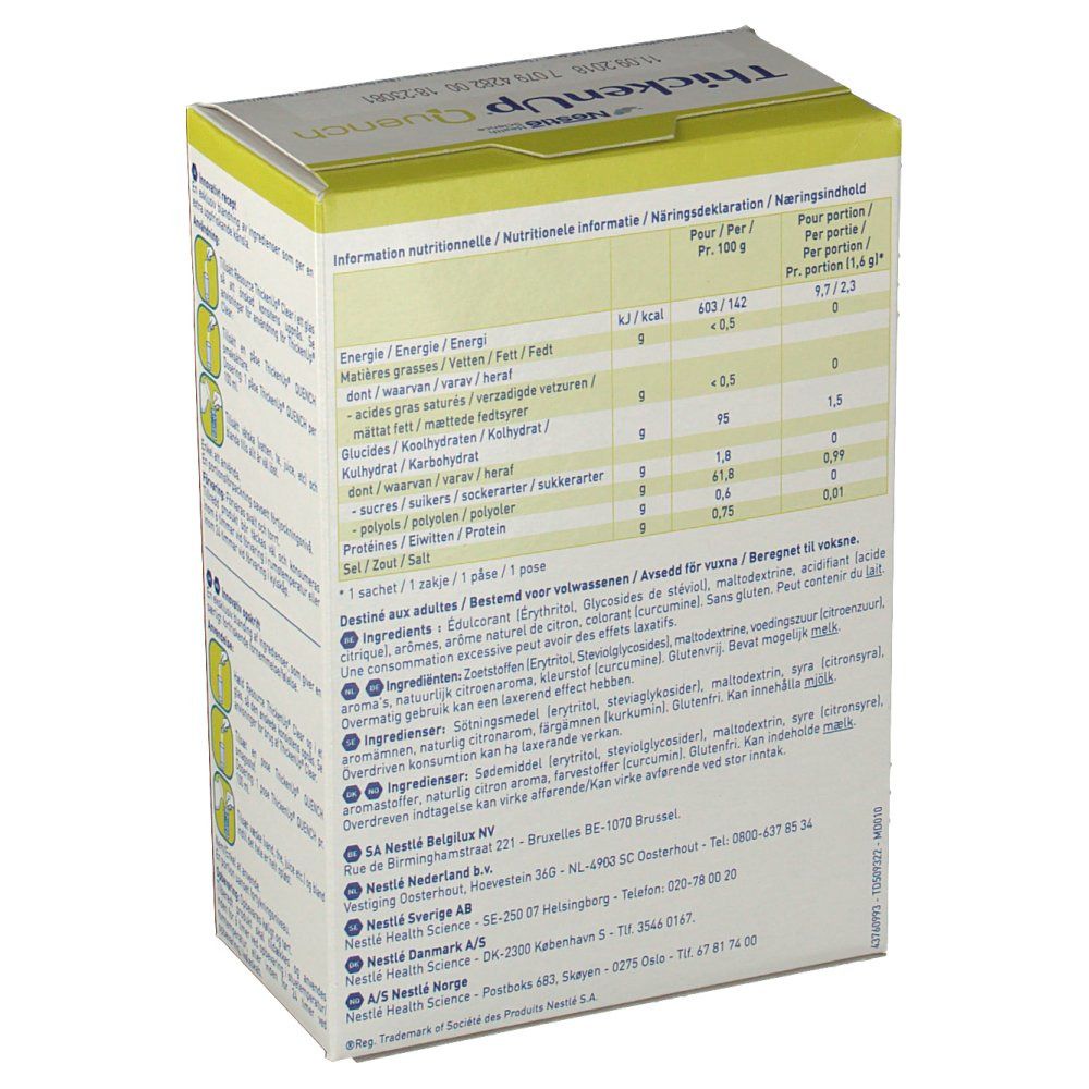 Dos de l'emballage ThickenUp Quench. Informations nutritionnelles et liste des ingrédients. Texte multilingue.