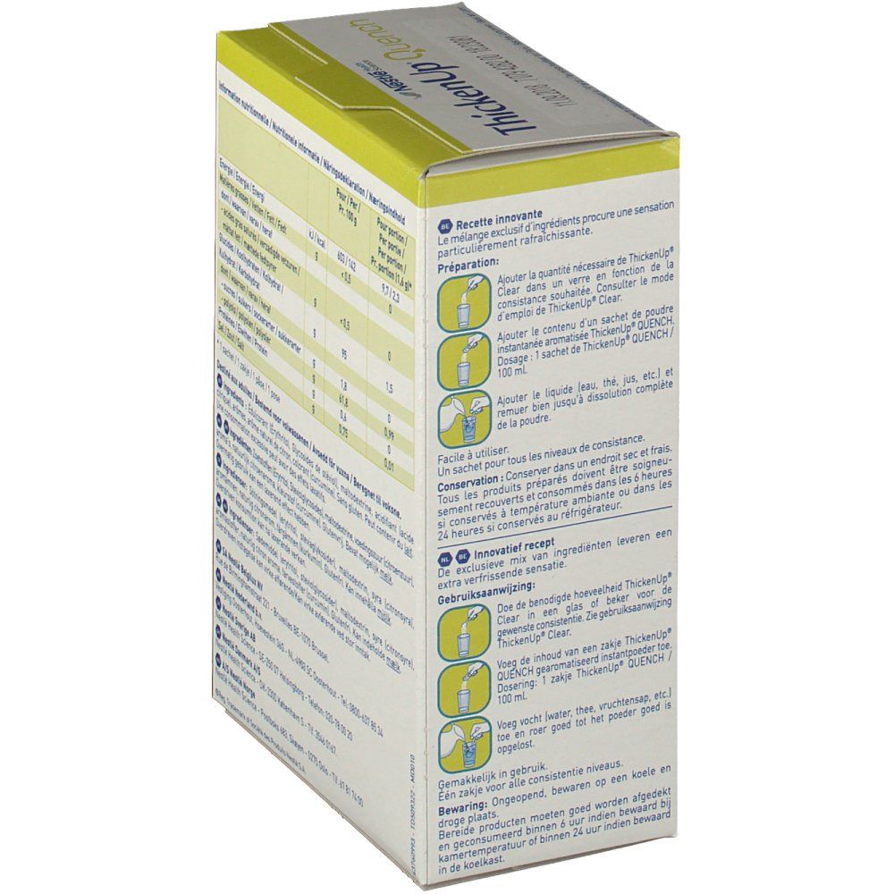 Côté de l'emballage ThickenUp Quench. Instructions d'utilisation avec illustrations. Texte multilingue.