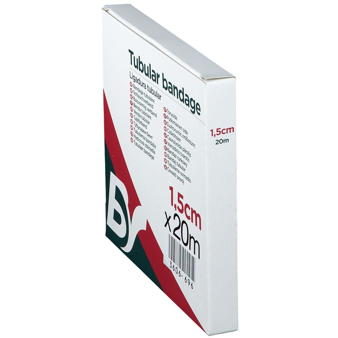 Schräg stehende Verpackung mit Schlauchverband. Aufschrift: Tubular bandage, 1,5 cm x 20 m. Logo: BY. Farben: Weiß, Rot, Grün.