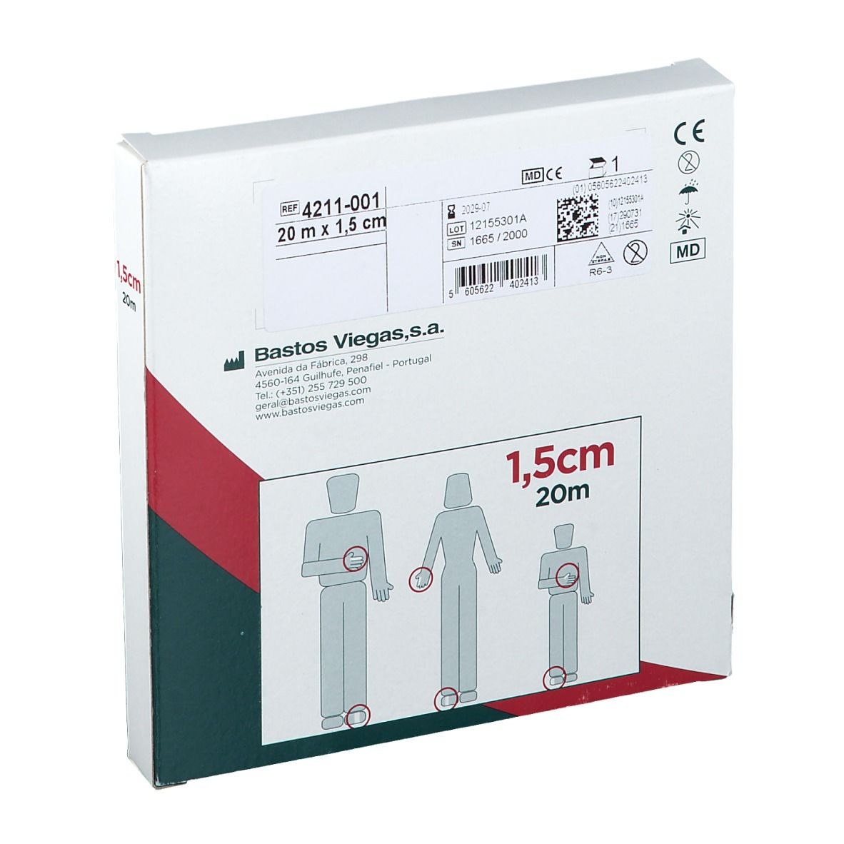 Rückseite der Verpackung mit Schlauchverband. Aufschrift: 20 m x 1,5 cm. Illustrationen von Personen. CE-Kennzeichnung.