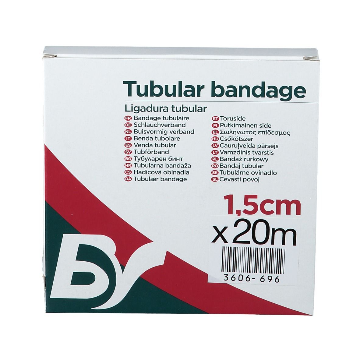 Verpackung mit Schlauchverband. Aufschrift: Tubular bandage, 1,5 cm x 20 m. Logo: BY. Farben: Weiß, Rot, Grün.