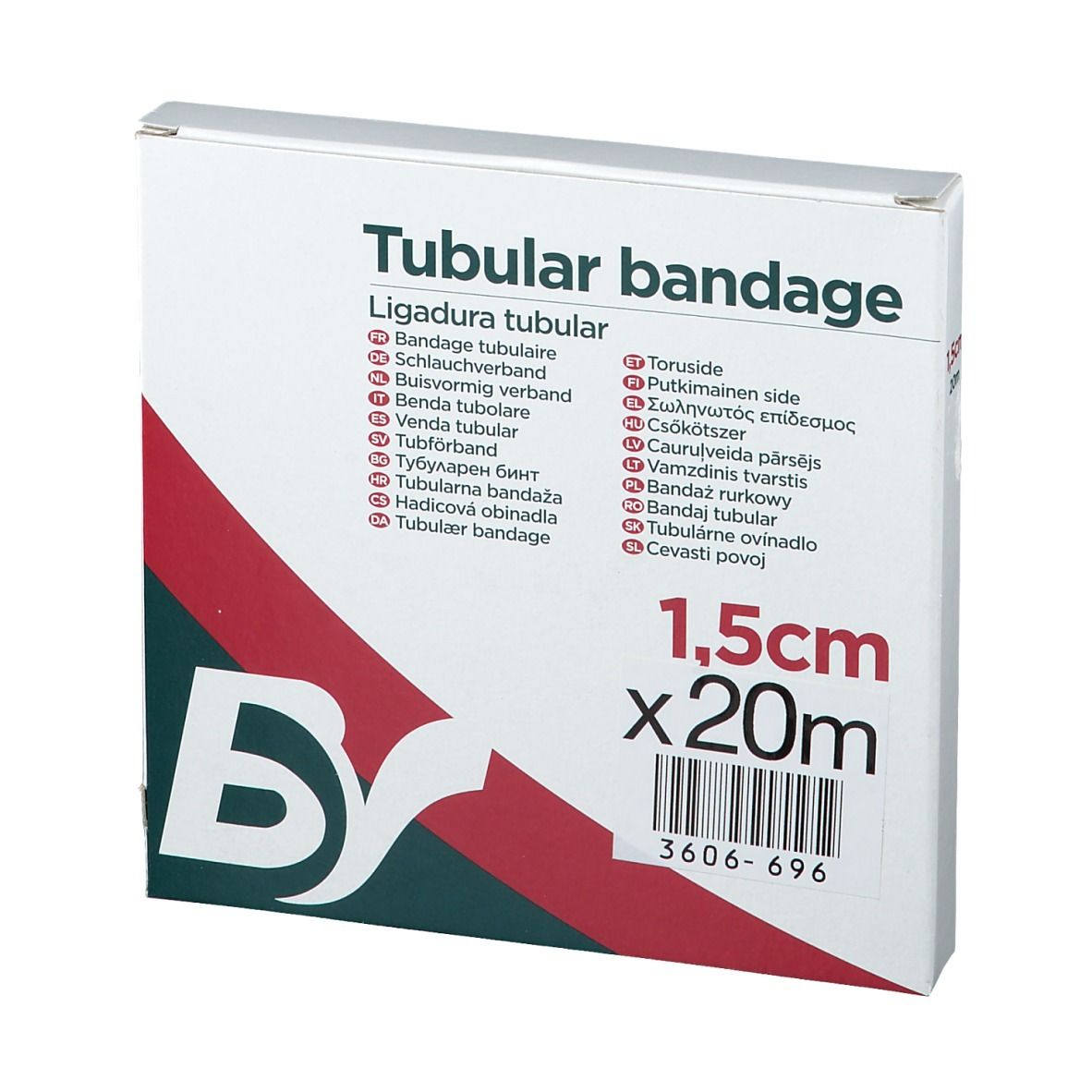 Verpackung mit Schlauchverband. Aufschrift: Tubular bandage, 1,5 cm x 20 m. Logo: BY. Farben: Weiß, Rot, Grün.