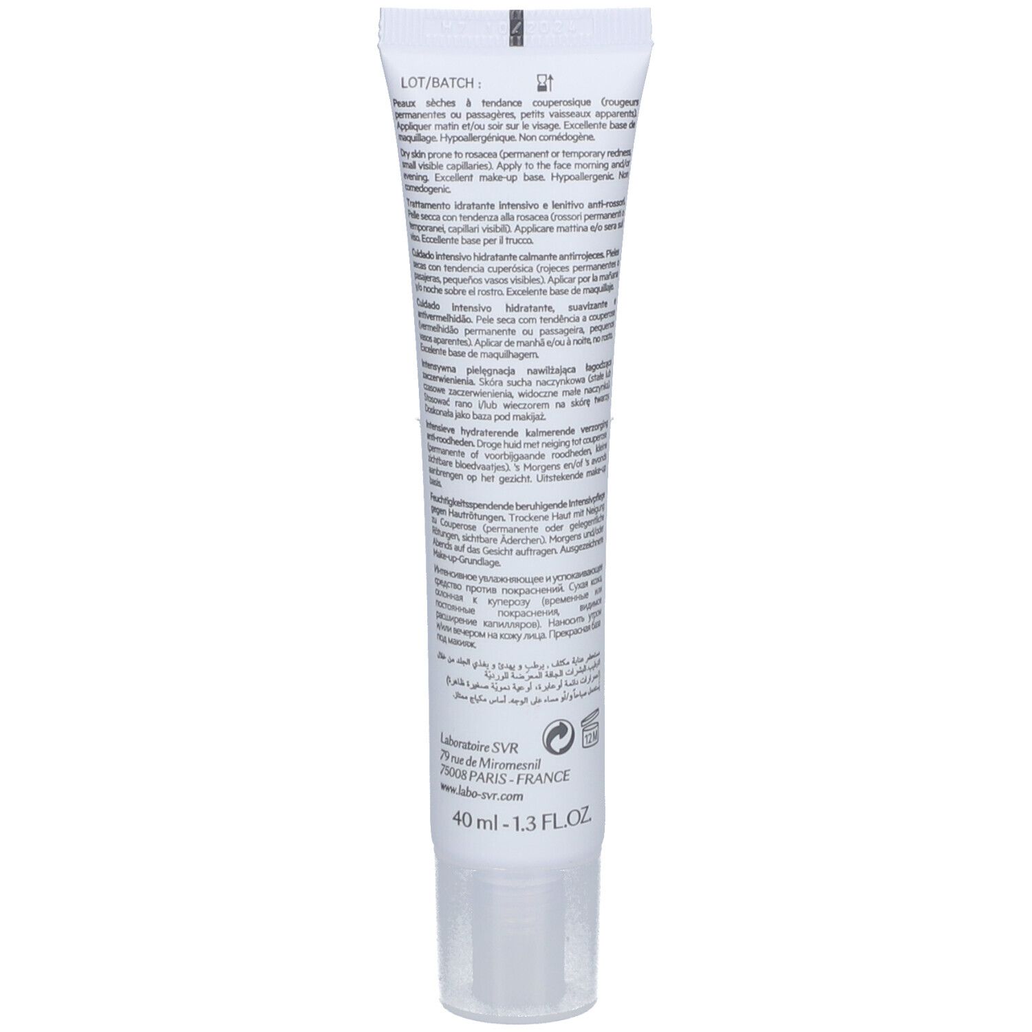 Rückseite der weißen Tube. Text in mehreren Sprachen. 40 ml. Hypoallergen.