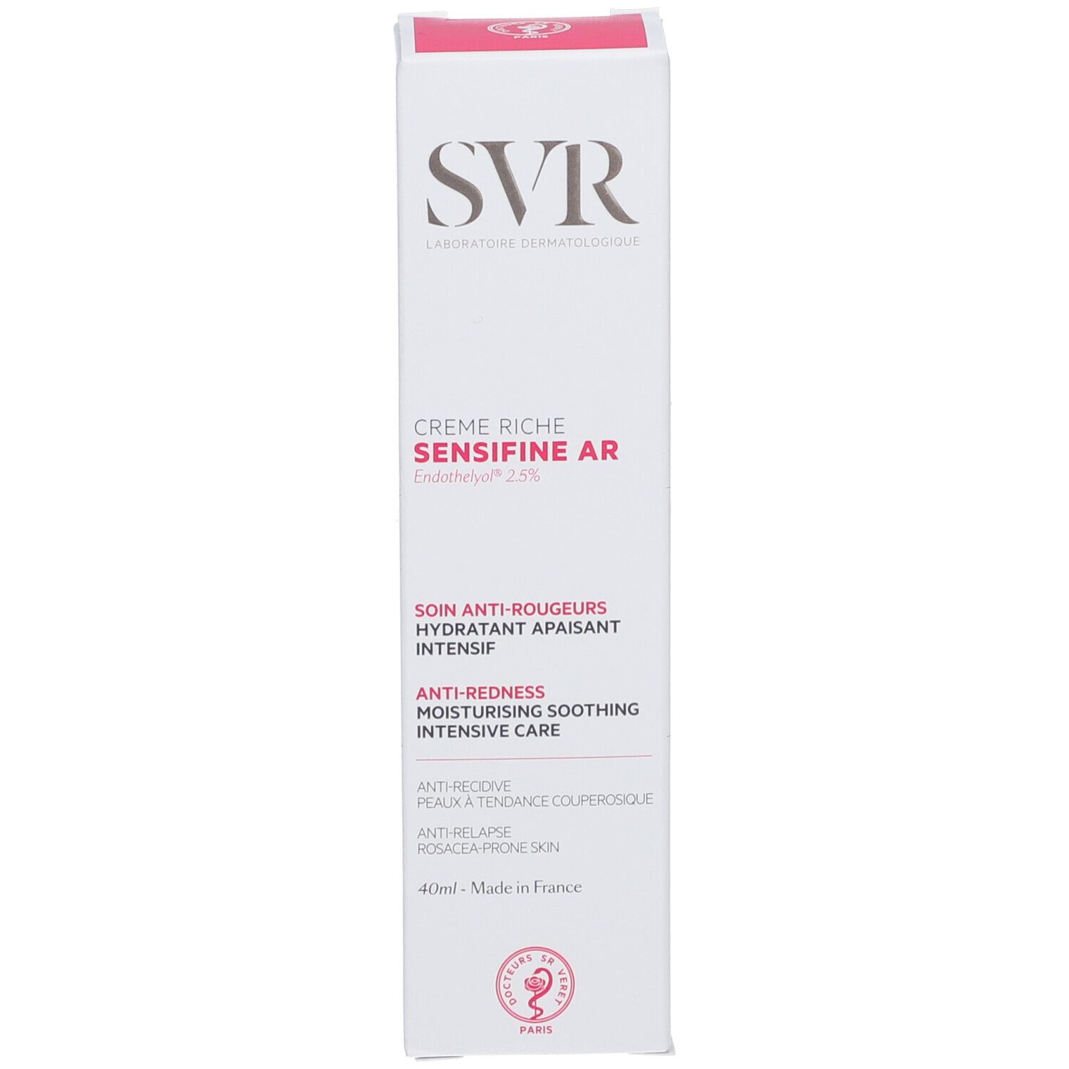 Weiße Schachtel. SVR, SENSIFINE AR, Creme Riche. Text in mehreren Sprachen. 40ml.