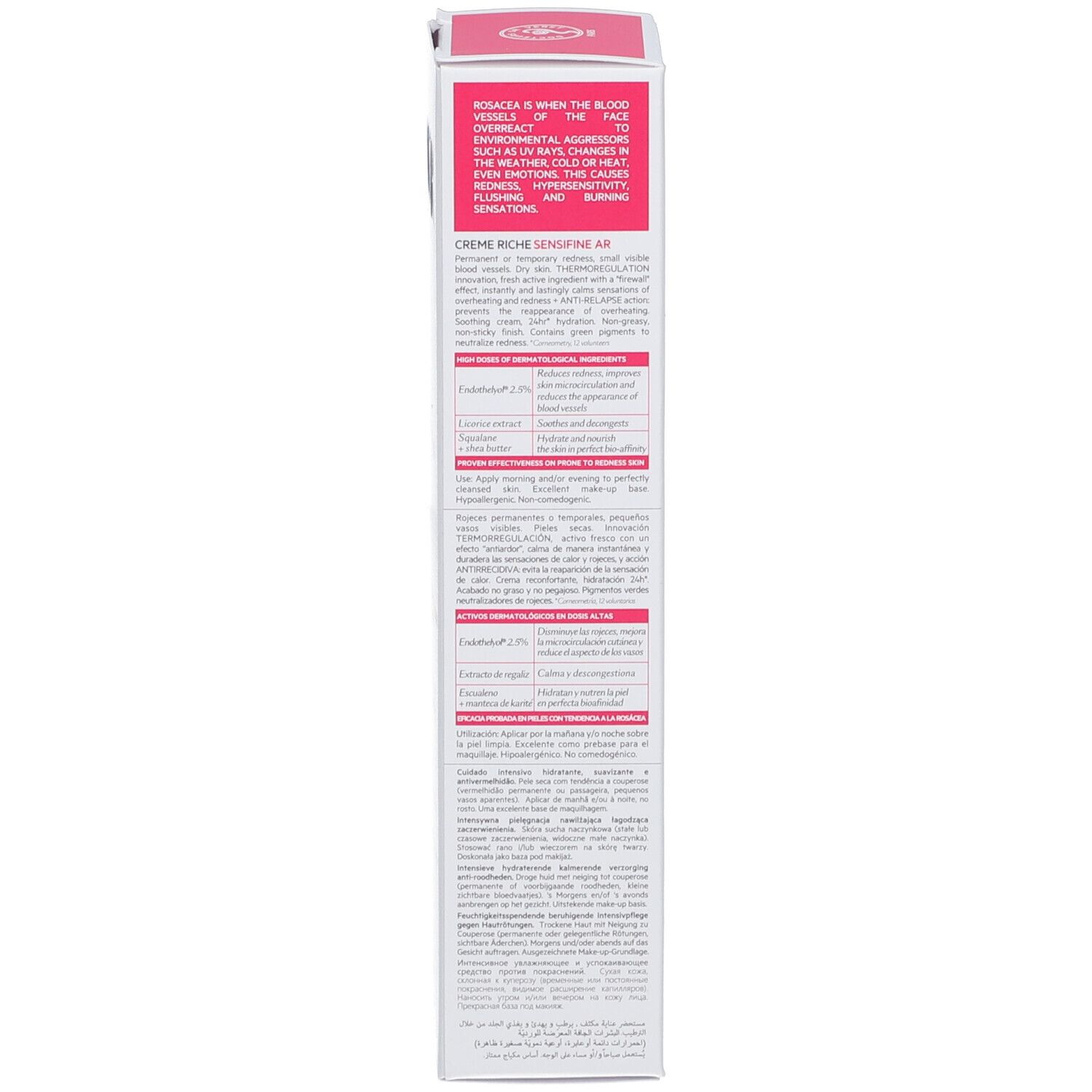 Weiße Schachtel. Text in mehreren Sprachen. Informationen zur Rosazea. 40ml.