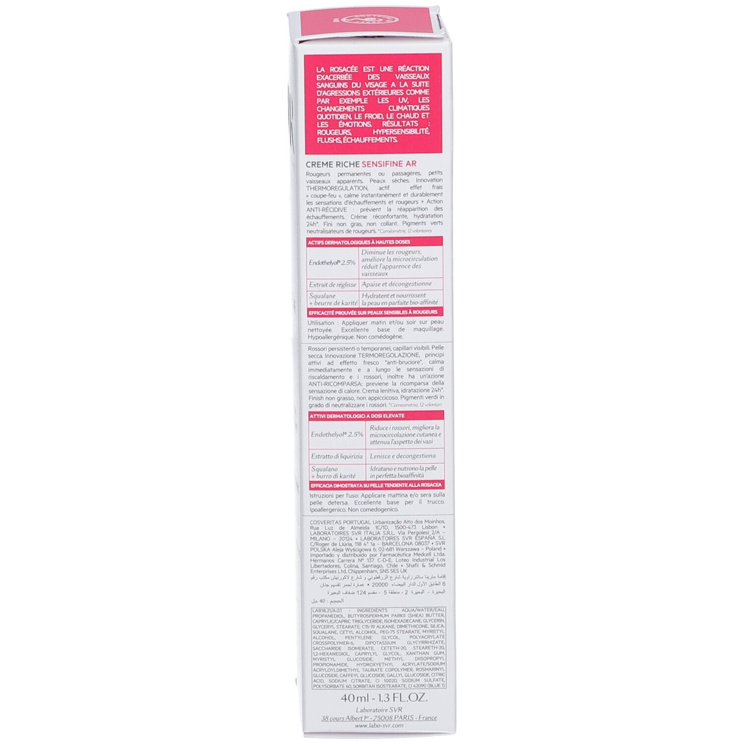 Weiße Schachtel. Text in mehreren Sprachen. Informationen zur Rosazea. 40ml.