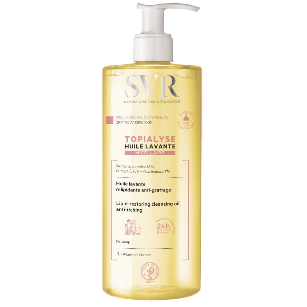 Transparente Flasche mit weißem Pumpverschluss. Etikett mit Produktnamen und Markennamen SVR. Text in Französisch und Englisch.