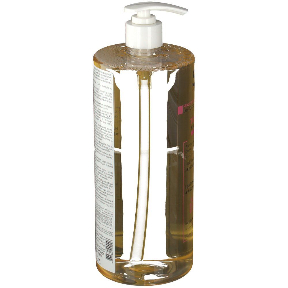 Transparente Flasche mit weißem Pumpverschluss. Etikett mit Produktinformationen. Flüssigkeit sichtbar. Perspektivische Ansicht.