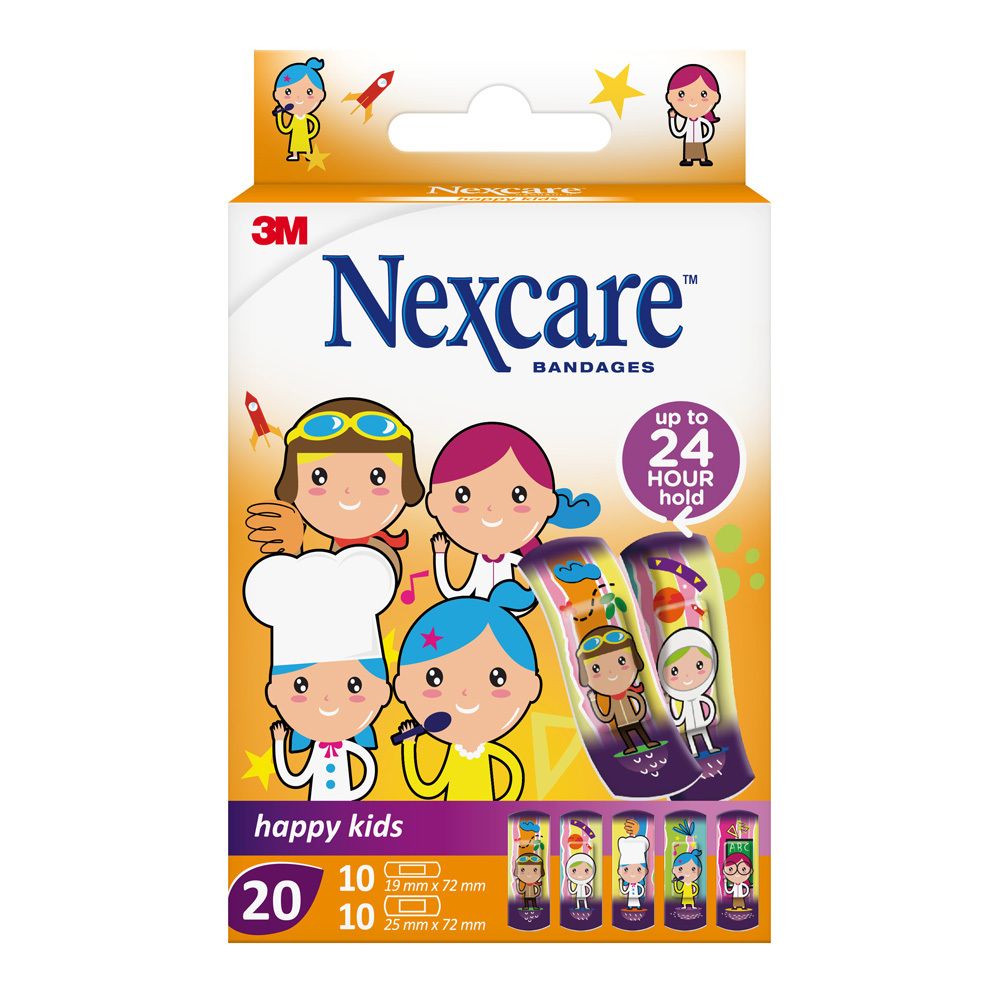 Verpackung mit Pflastern für Kinder. 3M Nexcare HAPPY KIDS. Cartoon-Figuren. Orangefarbener Hintergrund.