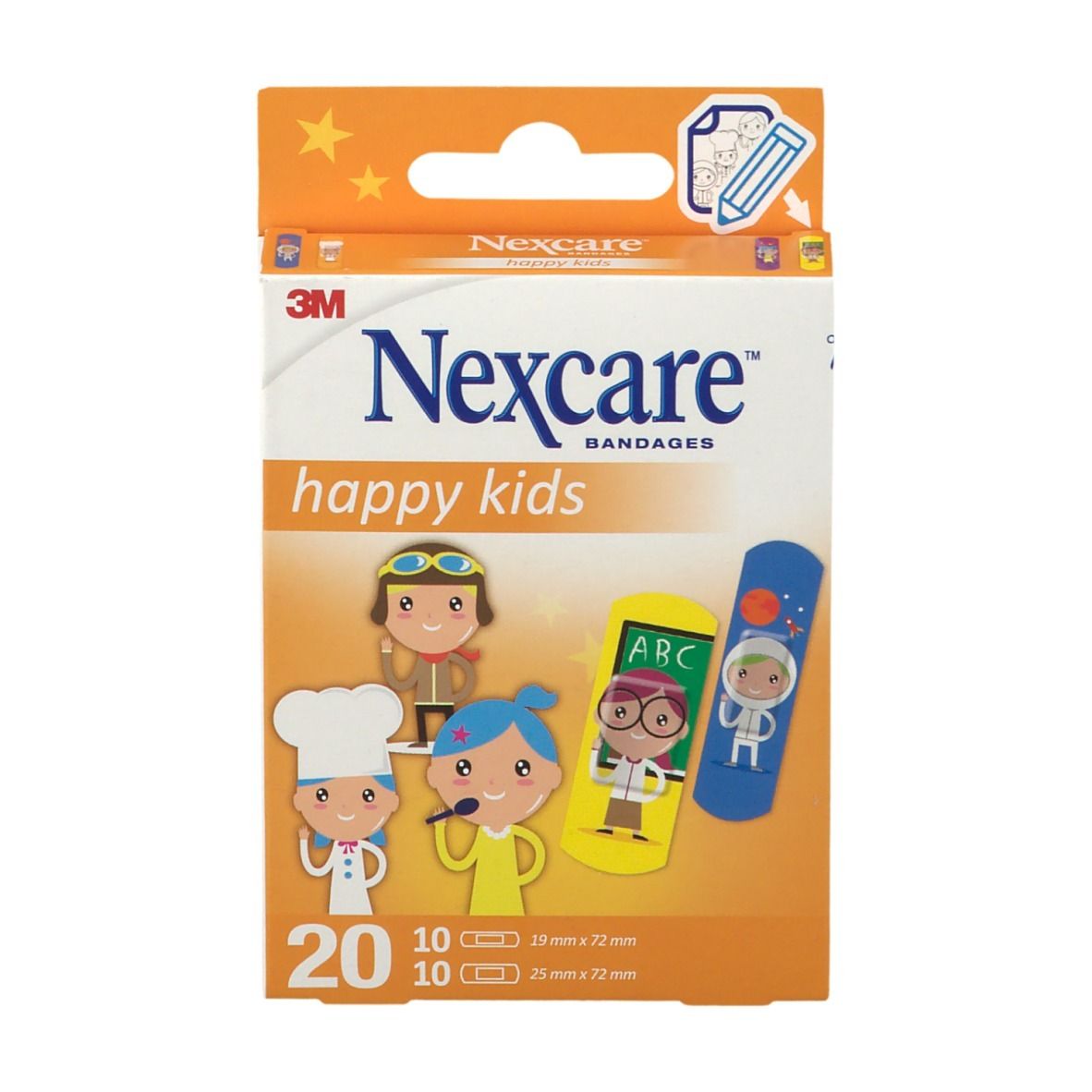 Verpackung mit 20 Pflastern. Nexcare happy kids. Aufdruck mit Figuren. 10 Pflaster 19x72mm, 10 Pflaster 25x72mm.
