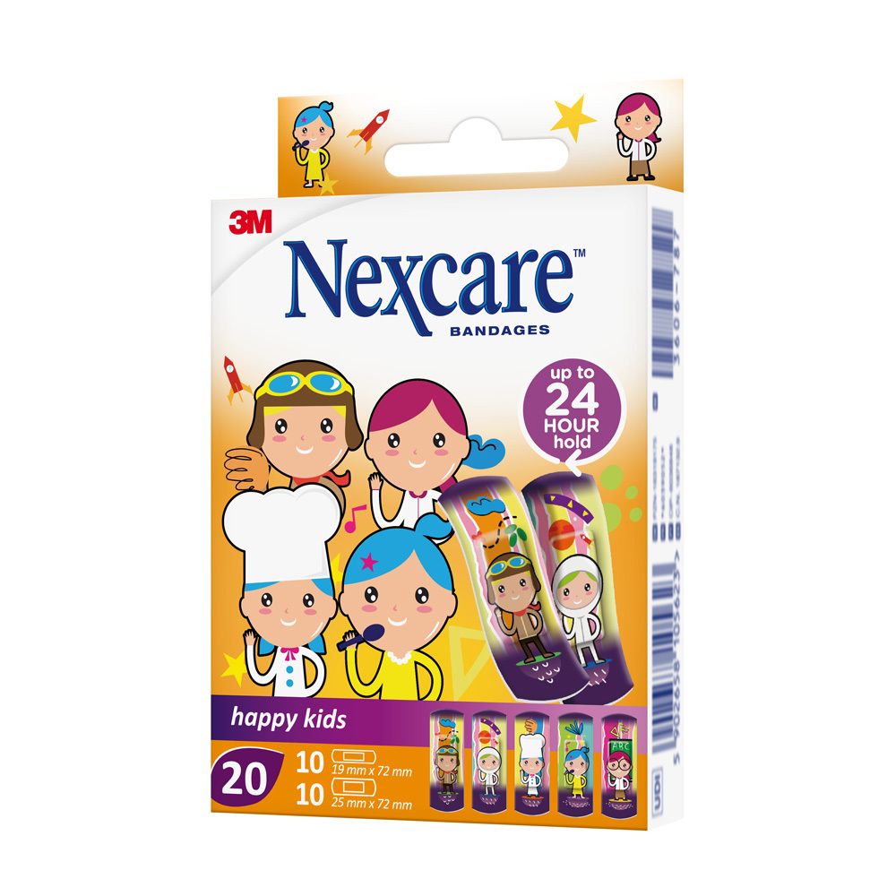 Verpackung mit Pflastern für Kinder. 3M Nexcare HAPPY KIDS. Cartoon-Figuren. Orangefarbener Hintergrund.