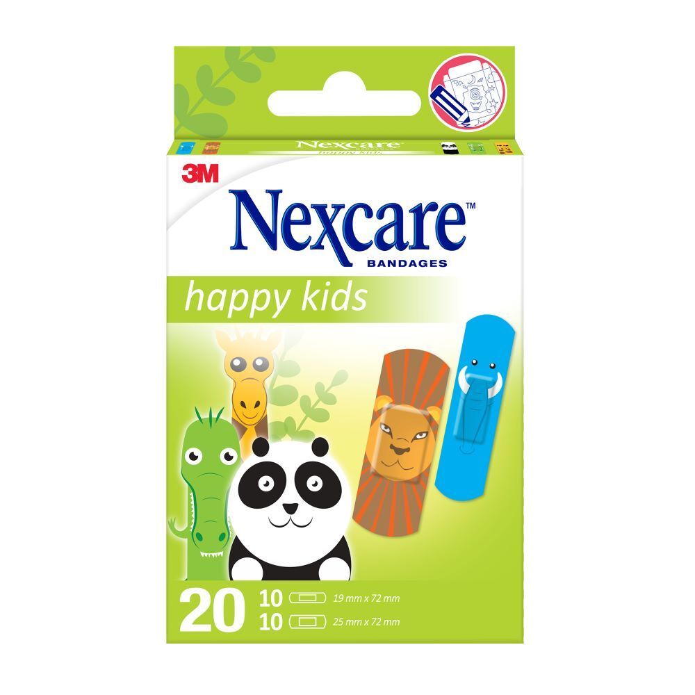 Nexcare happy kids pleisterverpakking. 20 pleisters met dierenmotieven. 10 van 19x72mm, 10 van 25x72mm.