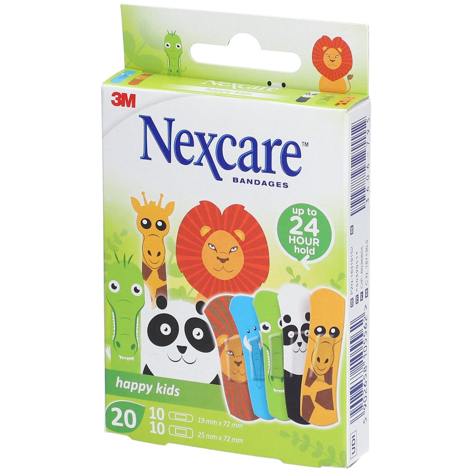 Verpackung mit Nexcare happy kids Pflastern. 20 Pflaster mit Tiermotiven. 10 Stück 19x72mm, 10 Stück 25x72mm.