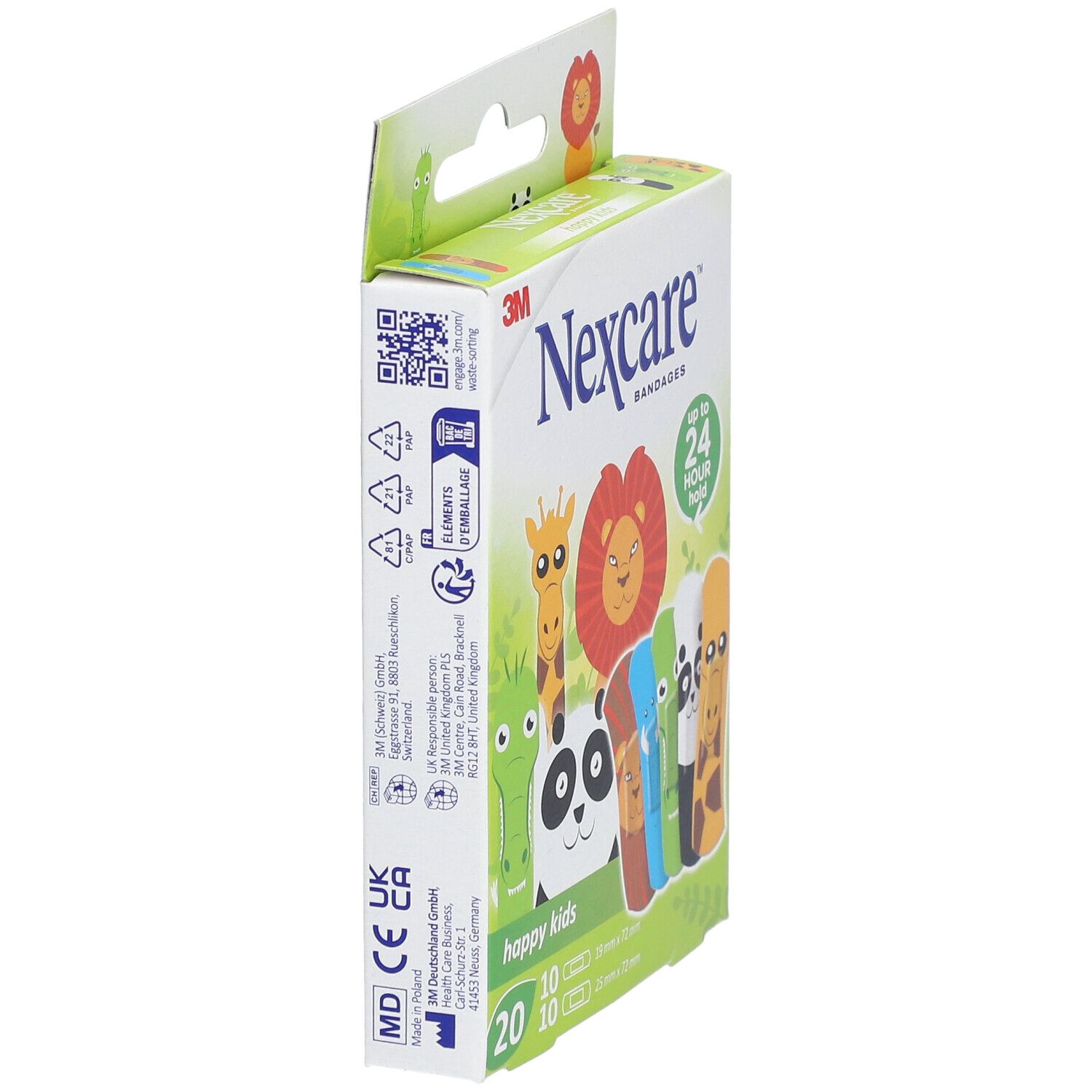 Seitenansicht der Nexcare happy kids Pflasterverpackung. Enthält 20 Pflaster mit Tiermotiven.