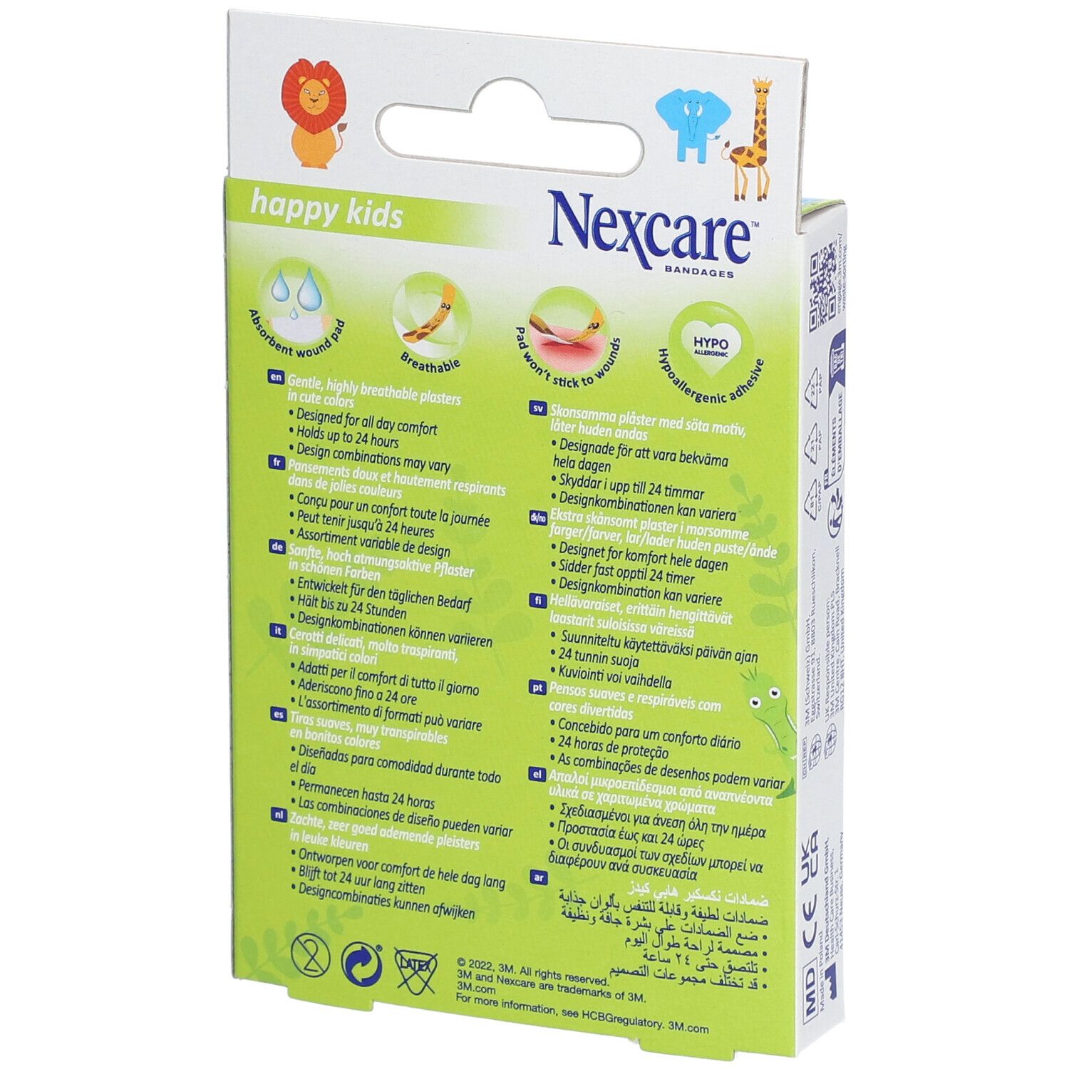 Rückseite der Nexcare happy kids Pflasterverpackung. Enthält Informationen und Piktogramme.