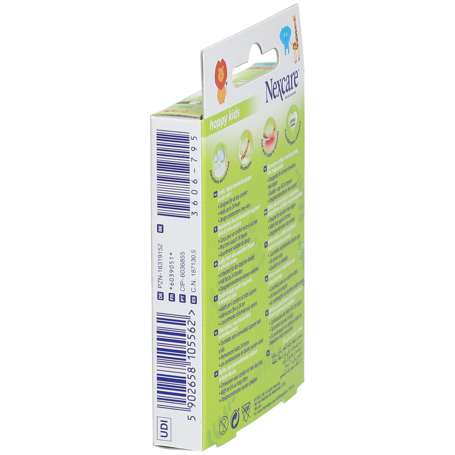 Seitenansicht der Nexcare happy kids Pflasterverpackung. Mit Barcode und Produktinformationen.