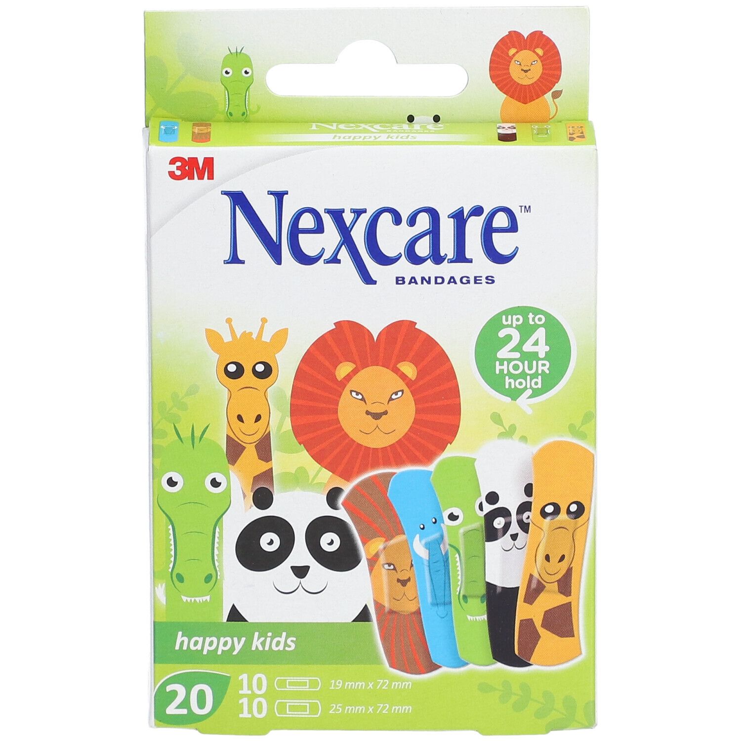Nexcare happy kids Pflasterverpackung. 20 Pflaster mit Tiermotiven. 10 Stück 19x72mm, 10 Stück 25x72mm.