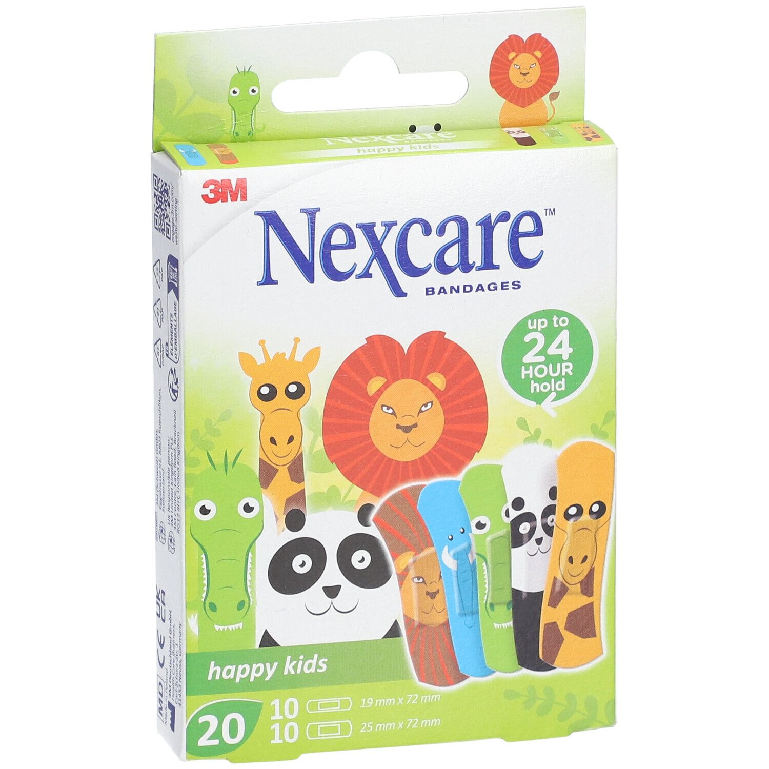 Nexcare happy kids Pflasterverpackung. 20 Pflaster mit Tiermotiven. 10 Stück 19x72mm, 10 Stück 25x72mm.
