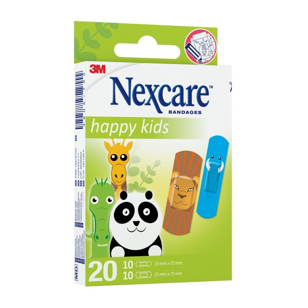Nexcare happy kids pleisterverpakking. 20 pleisters met dierenmotieven. 10 van 19x72mm, 10 van 25x72mm.
